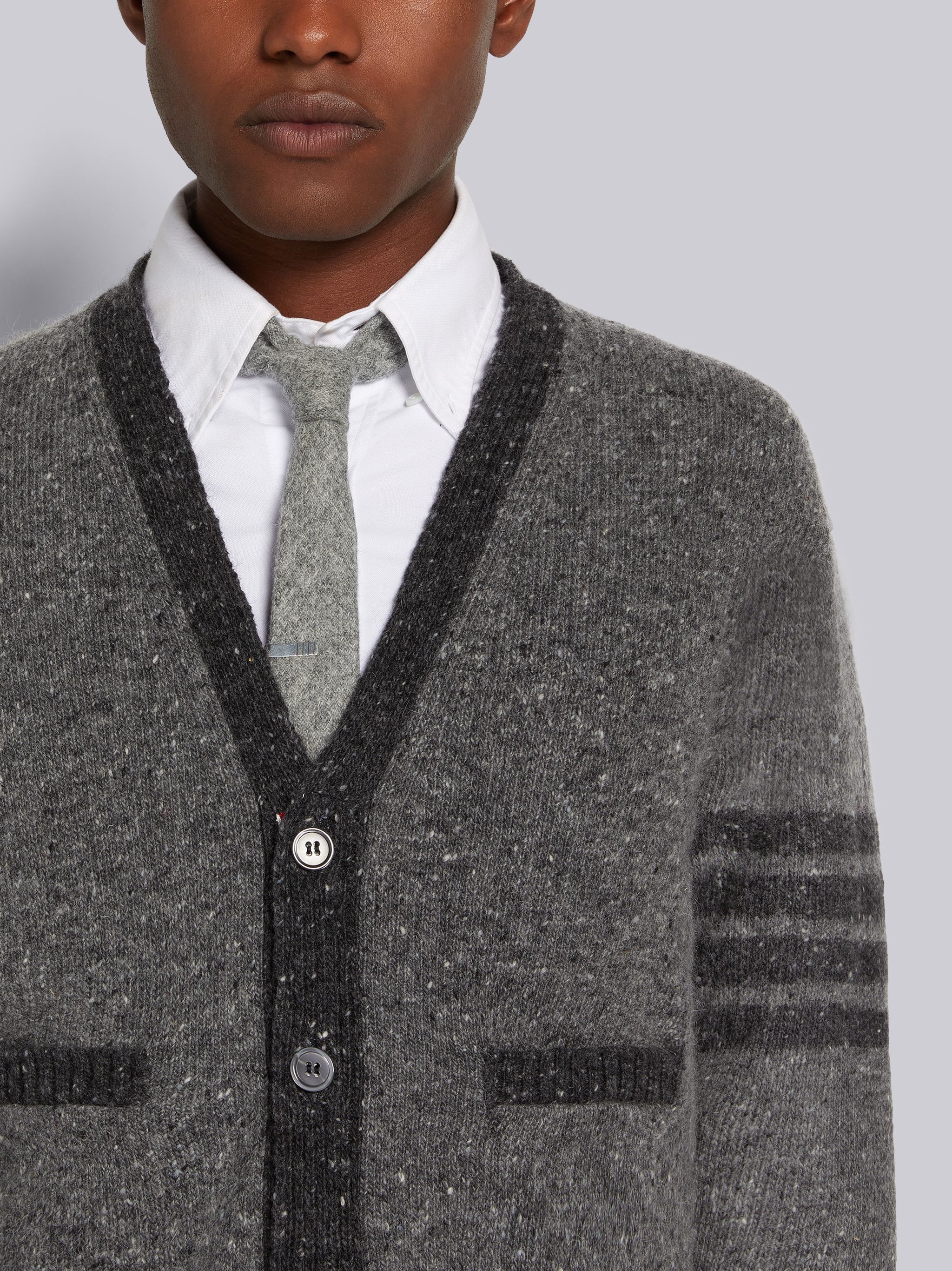 Medium Grey Jersey Stitch Mohair Tweed 4-Bar V-Neck Cardigan - 5