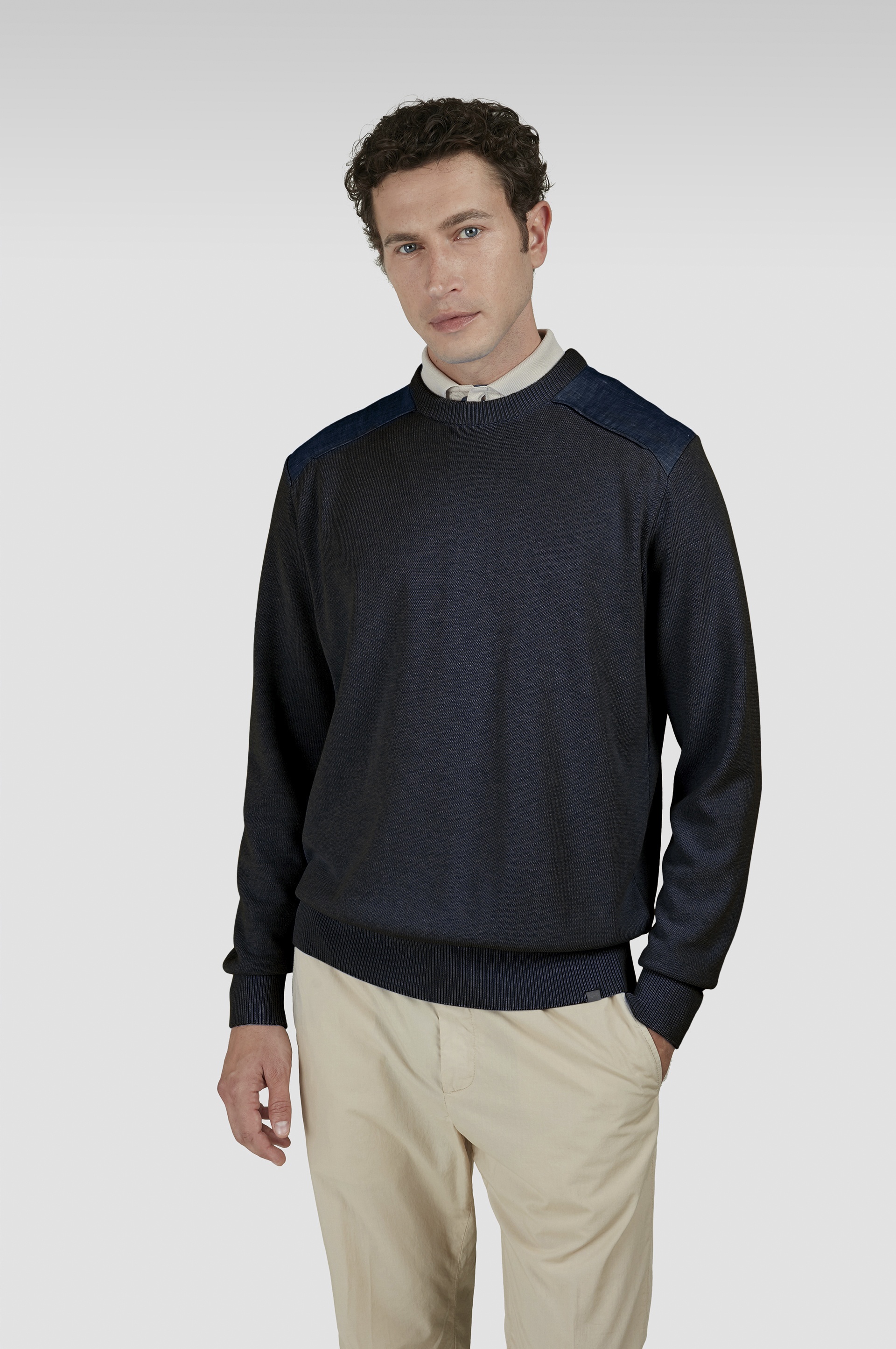 CREW NECK SWEATER IN FRESCO COTTON WITH LINEN DETAILS - 7