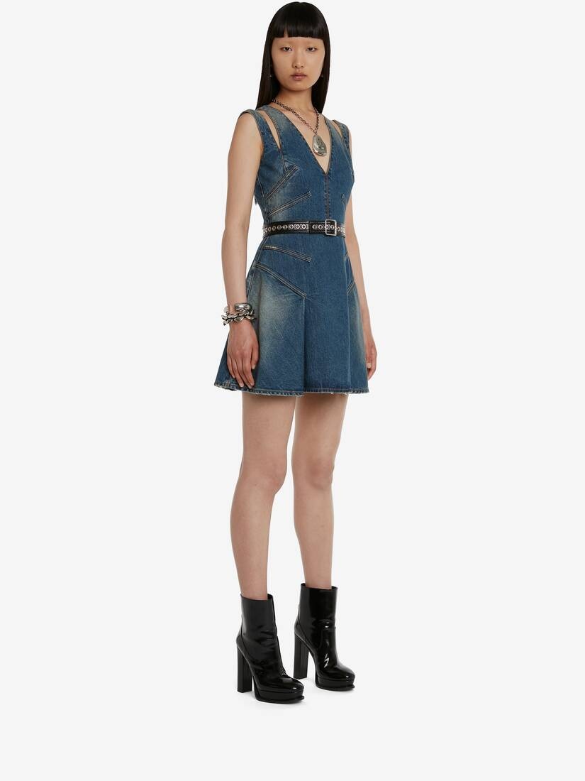 Women's Panelled Denim Mini Dress in Blue - 3