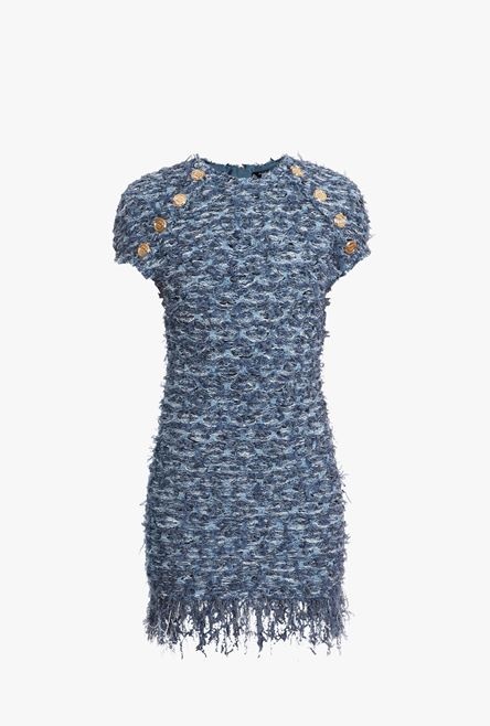 Short blue tweed dress with fringe - 1