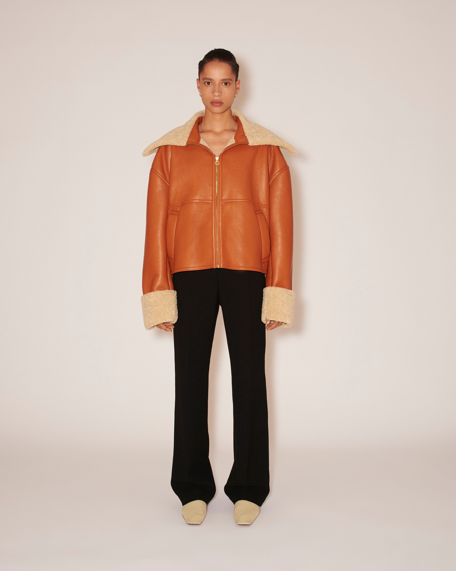 NAEL - Bonded shearling contrast collar aviator jacket - Rust&Beige - 2