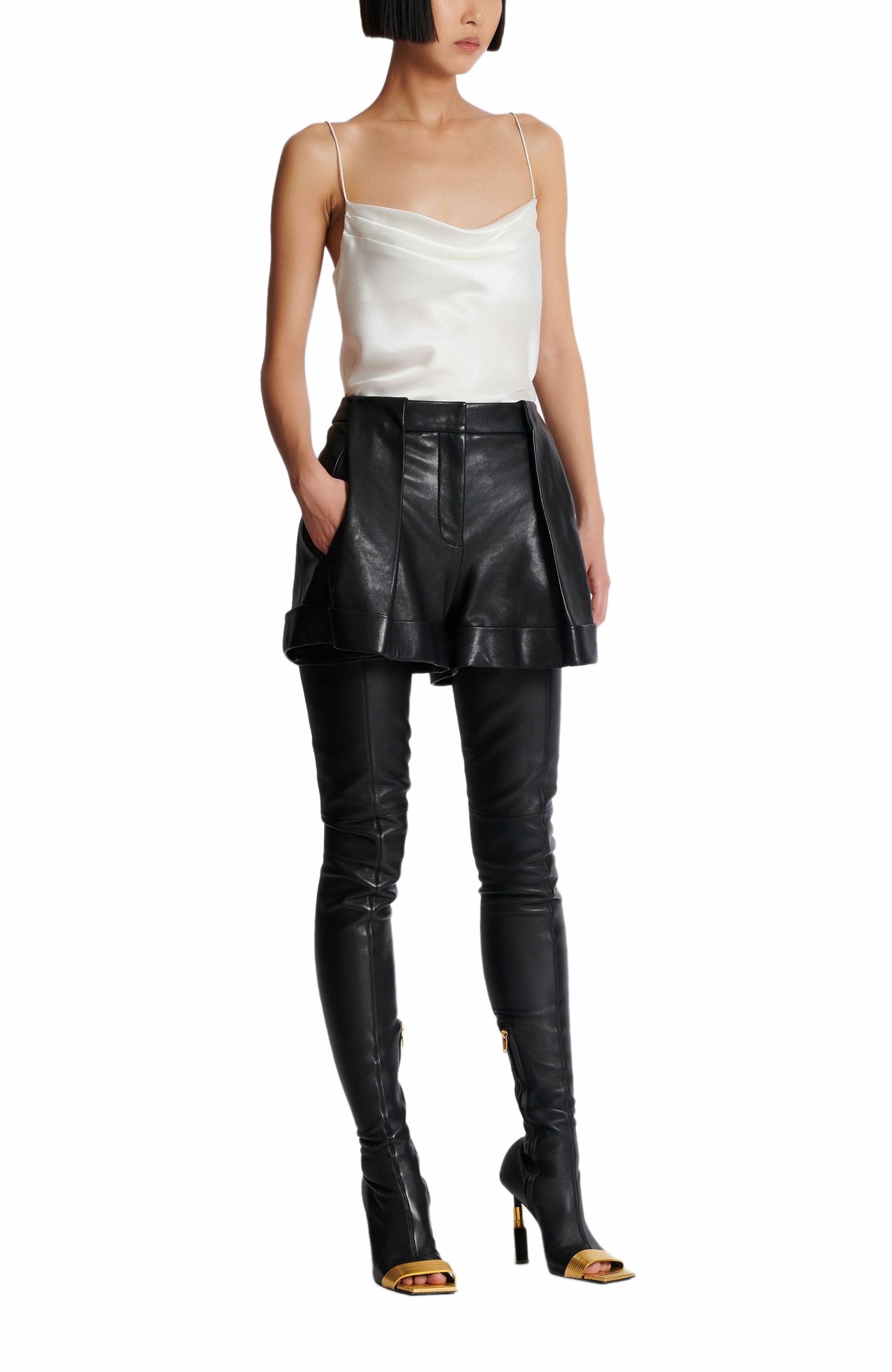 Balmain Pleated lambskin shorts in Black at Nordstrom - 3
