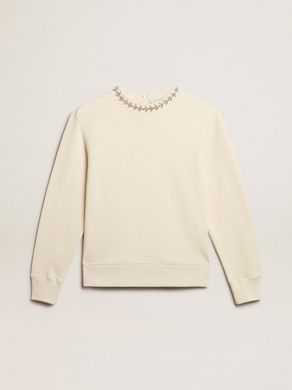 Round-neck cotton sweatshirt in aged white with hand-applied crystals - 1