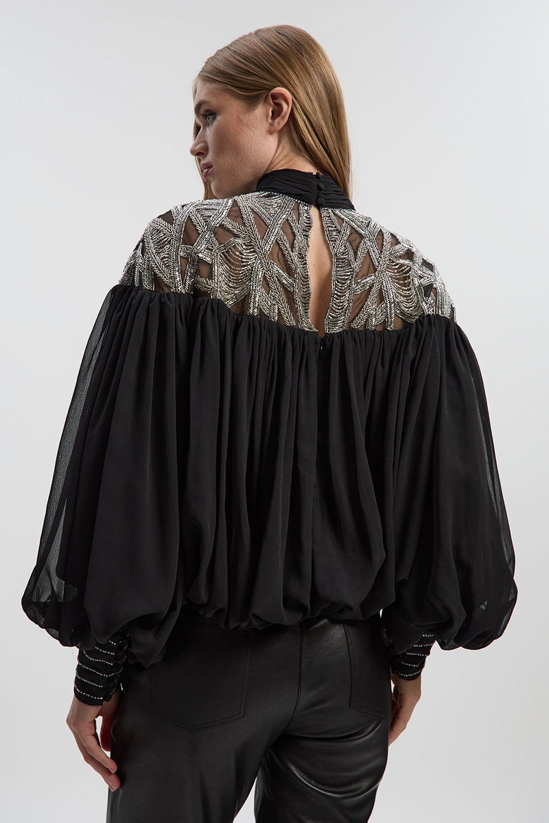 Crystal Embellished Cutwork Cape Detail Woven Drama Blouse 5