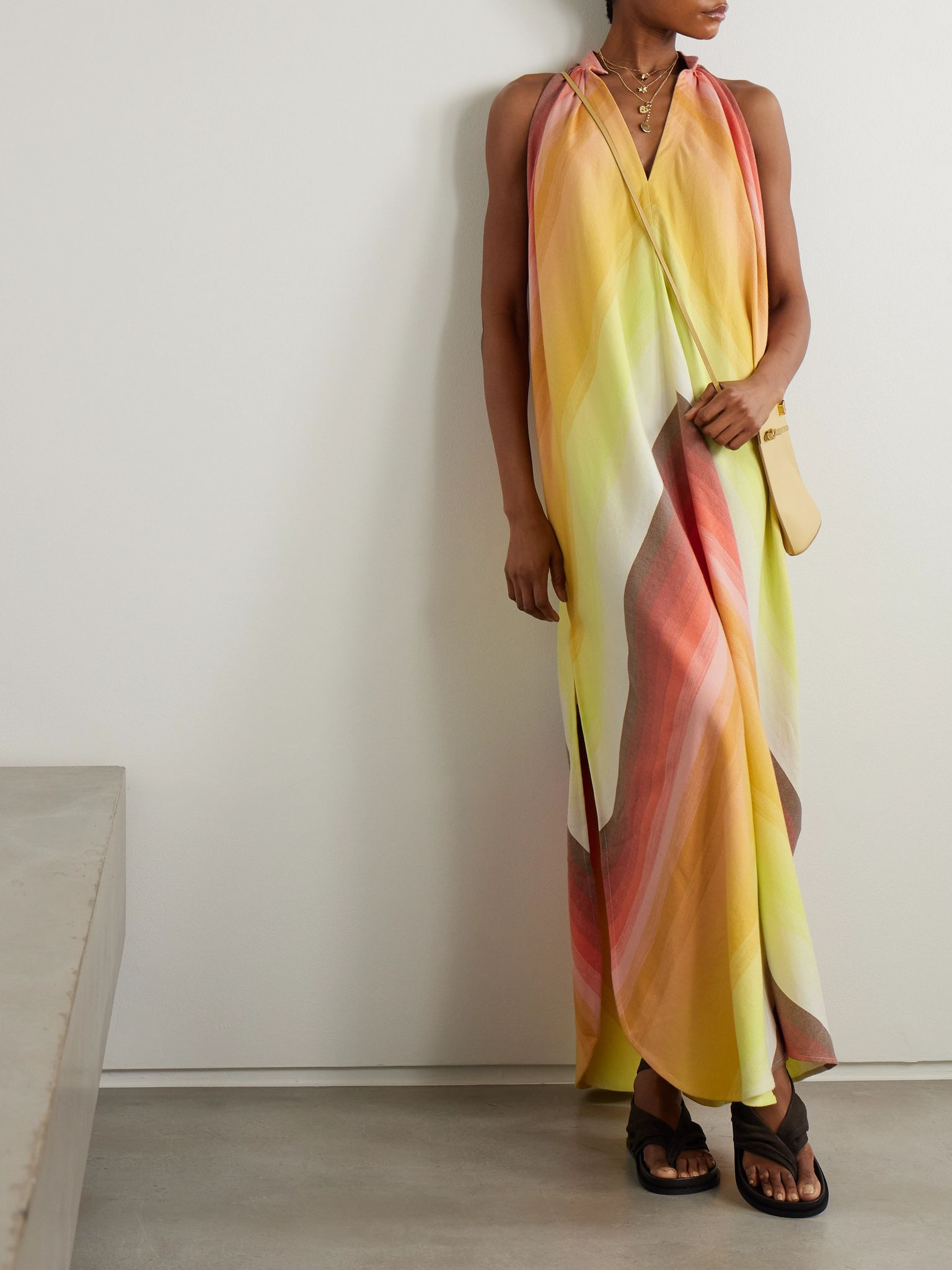 Striped gathered cotton maxi dress Yellow - 2