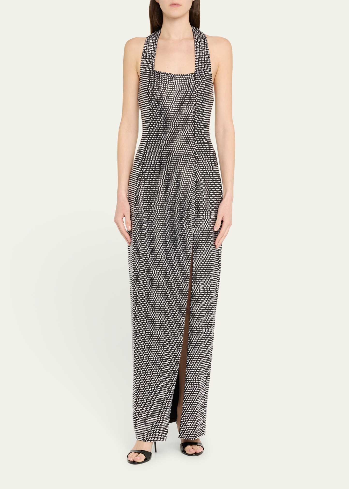 Crystal Embellished Halter Slit Gown - 2