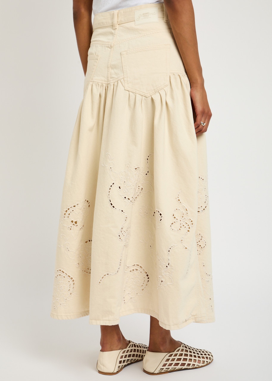 Ganni Embroidered Denim Midi Skirt - 3