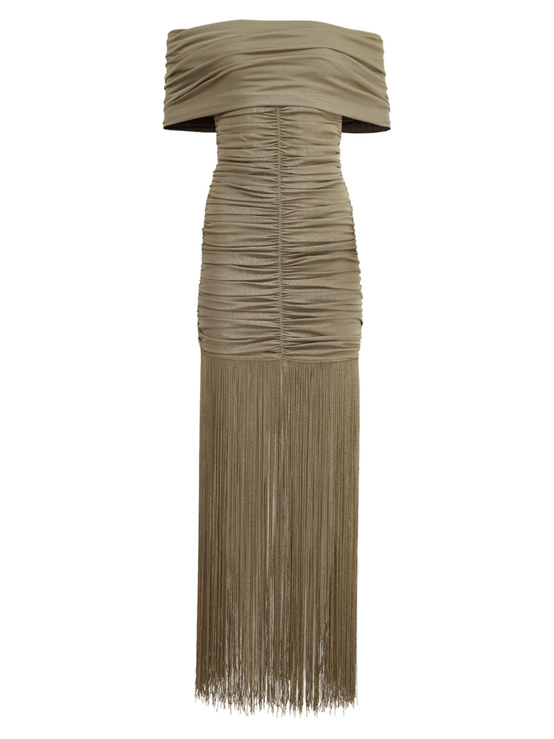 Women's Jacinta Off-the-Shoulder Fringe Maxi Dress - Olive 1