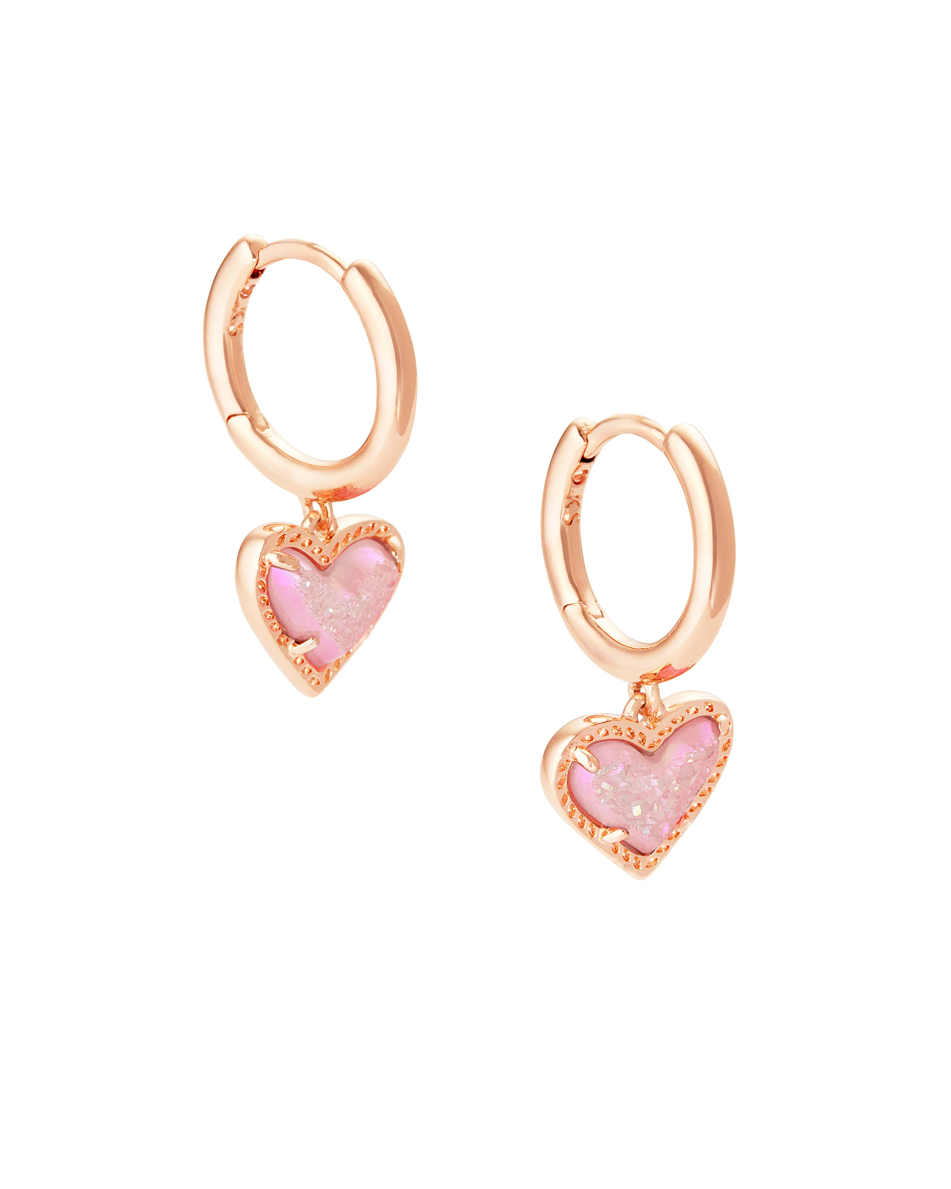 Ari Heart Rose Gold Huggie Earrings in Light Pink Drusy - 1