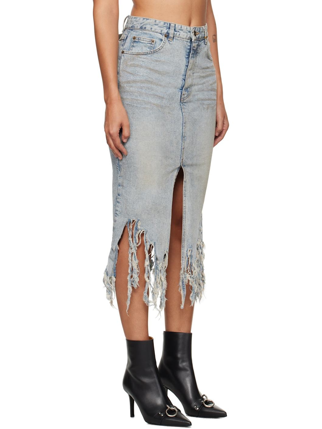 Blue Distressed Denim Midi Skirt - 2