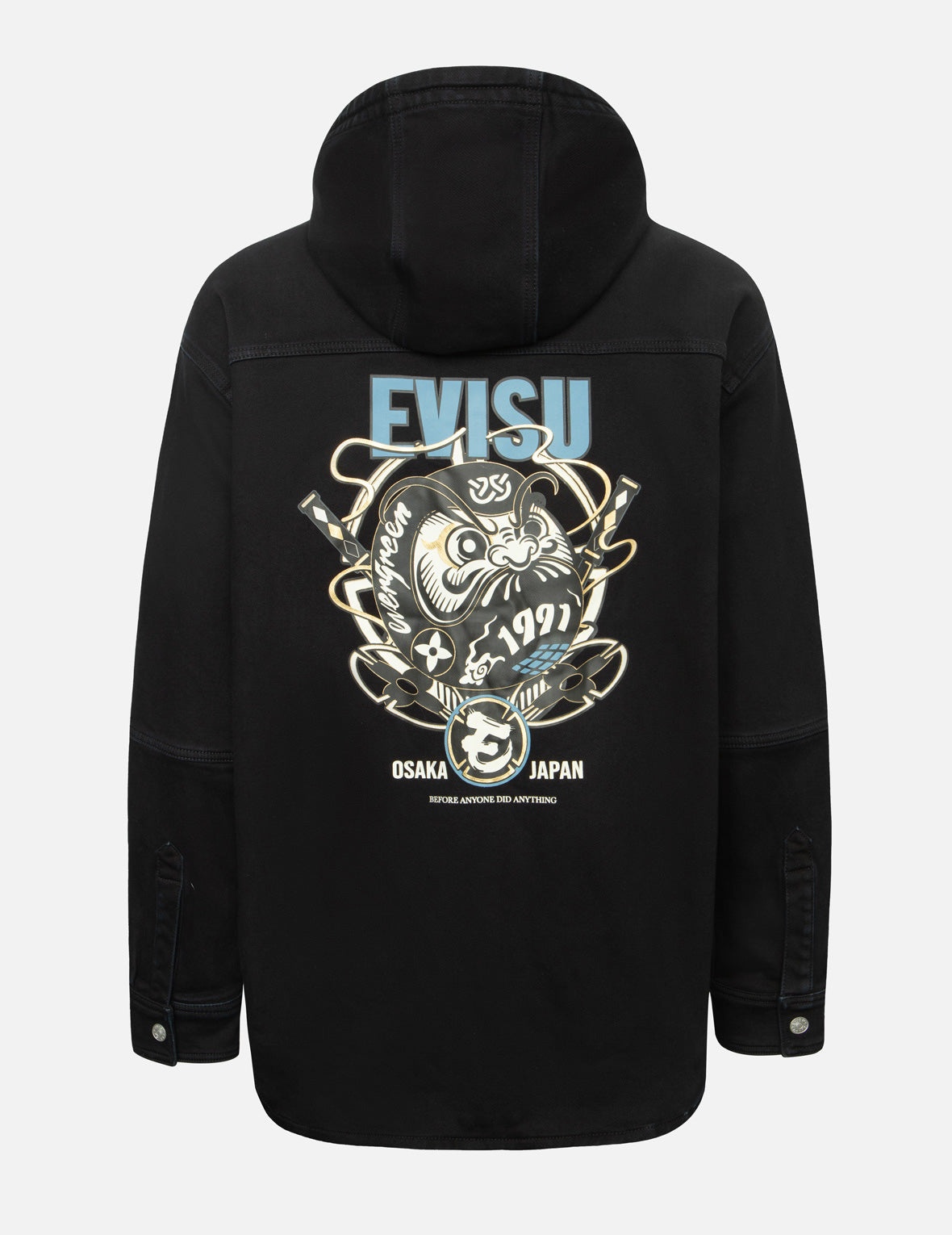 Ninja Daruma and Logo Print Regular Fit Hooded Denim Shirt Jacket - 2