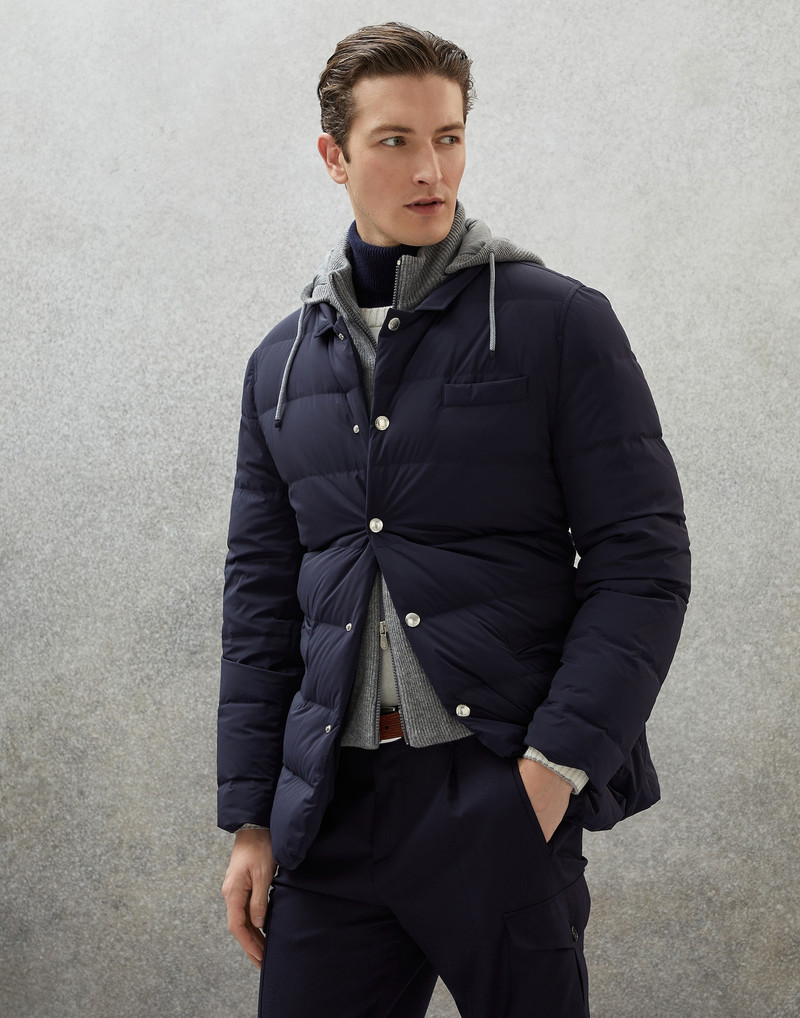 Bonded nylon blazer-style down jacket with knitted bib and detachable hood 1