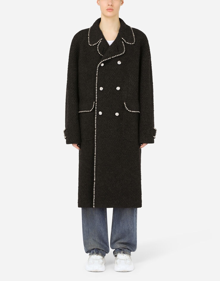 Double-breasted wool knit coat with pearls - 1