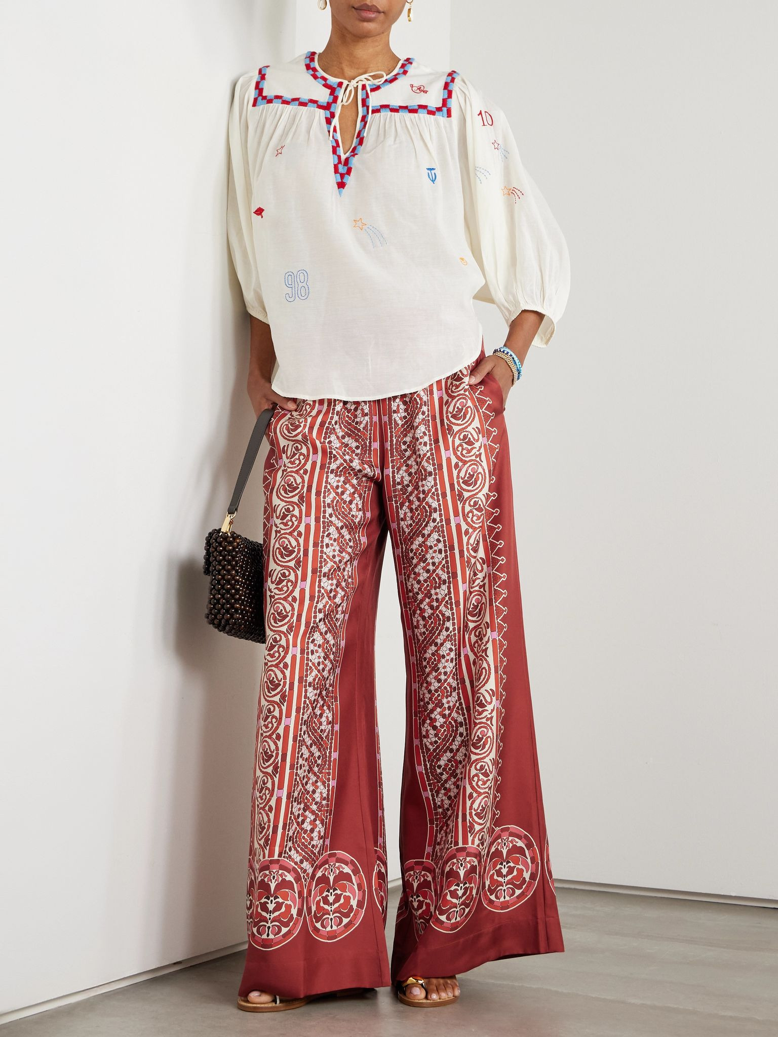 Icon Palazzo printed silk-twill wide-leg pants Red - 2