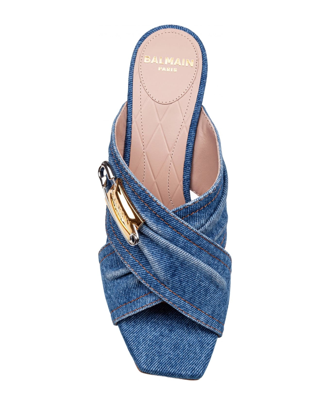 Balmain Safety Mule In Denim Fabric With Applied Pin - 3