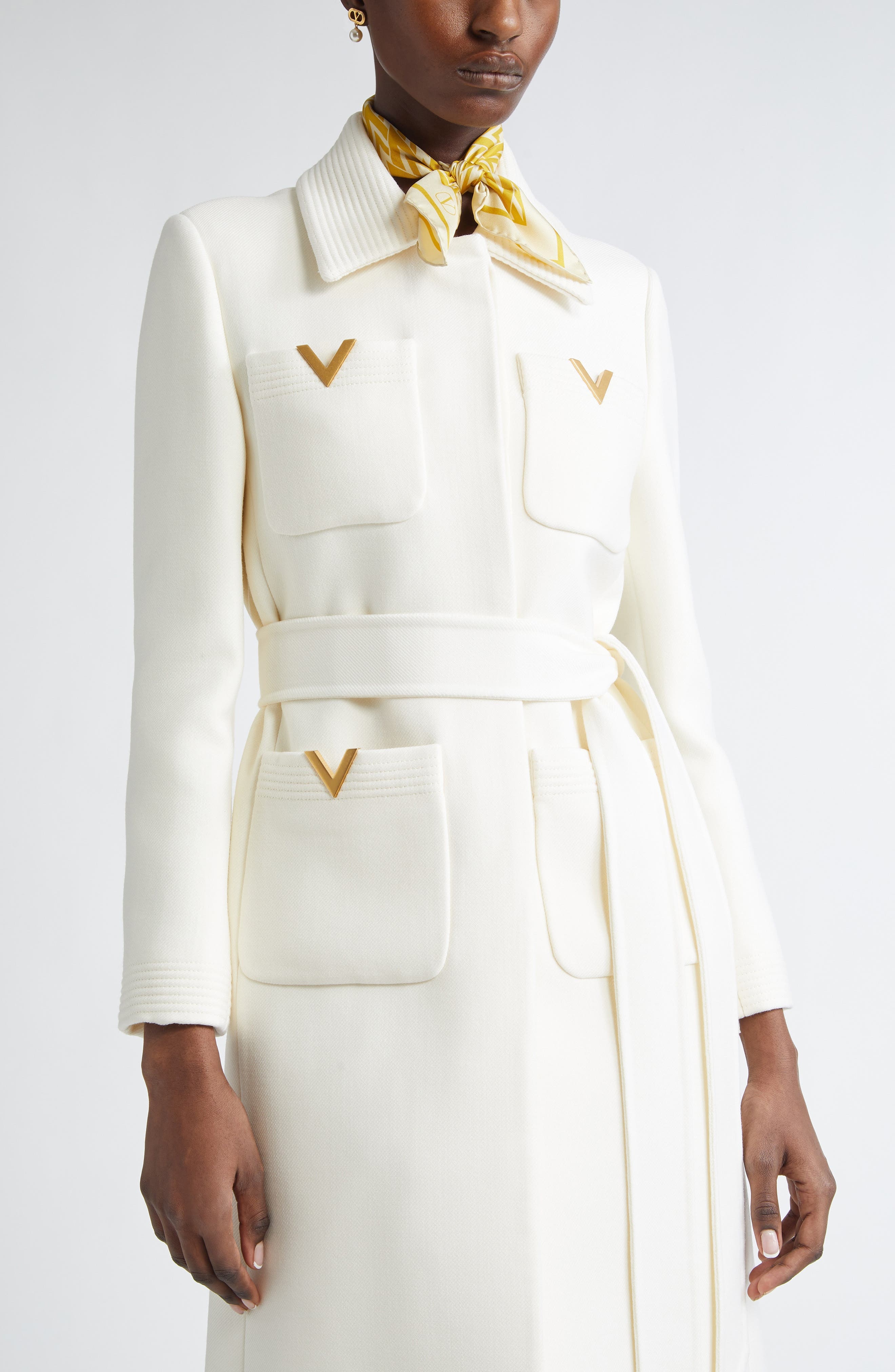 Valentino Garavani V-Detail Belted Virgin Wool & Silk Drill Coat in Avorio at Nordstrom - 4