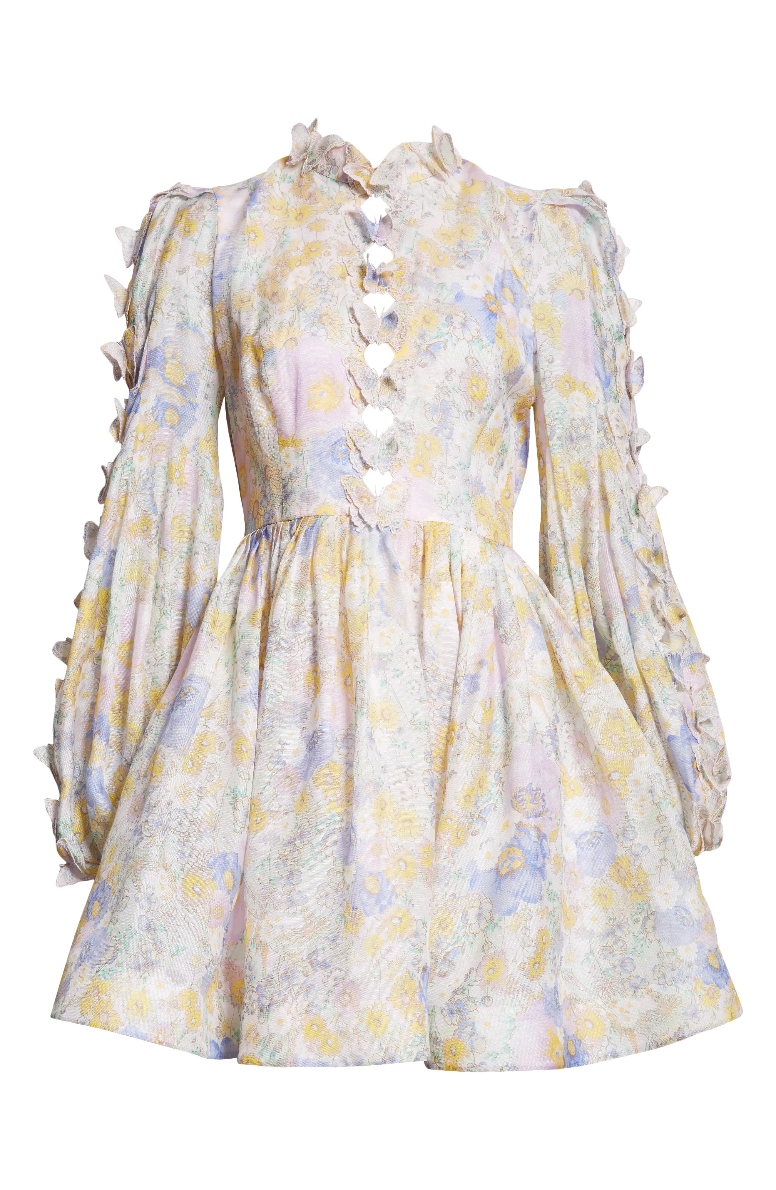 Butterfly Embellished Long Sleeve Linen & Silk Minidress - 5