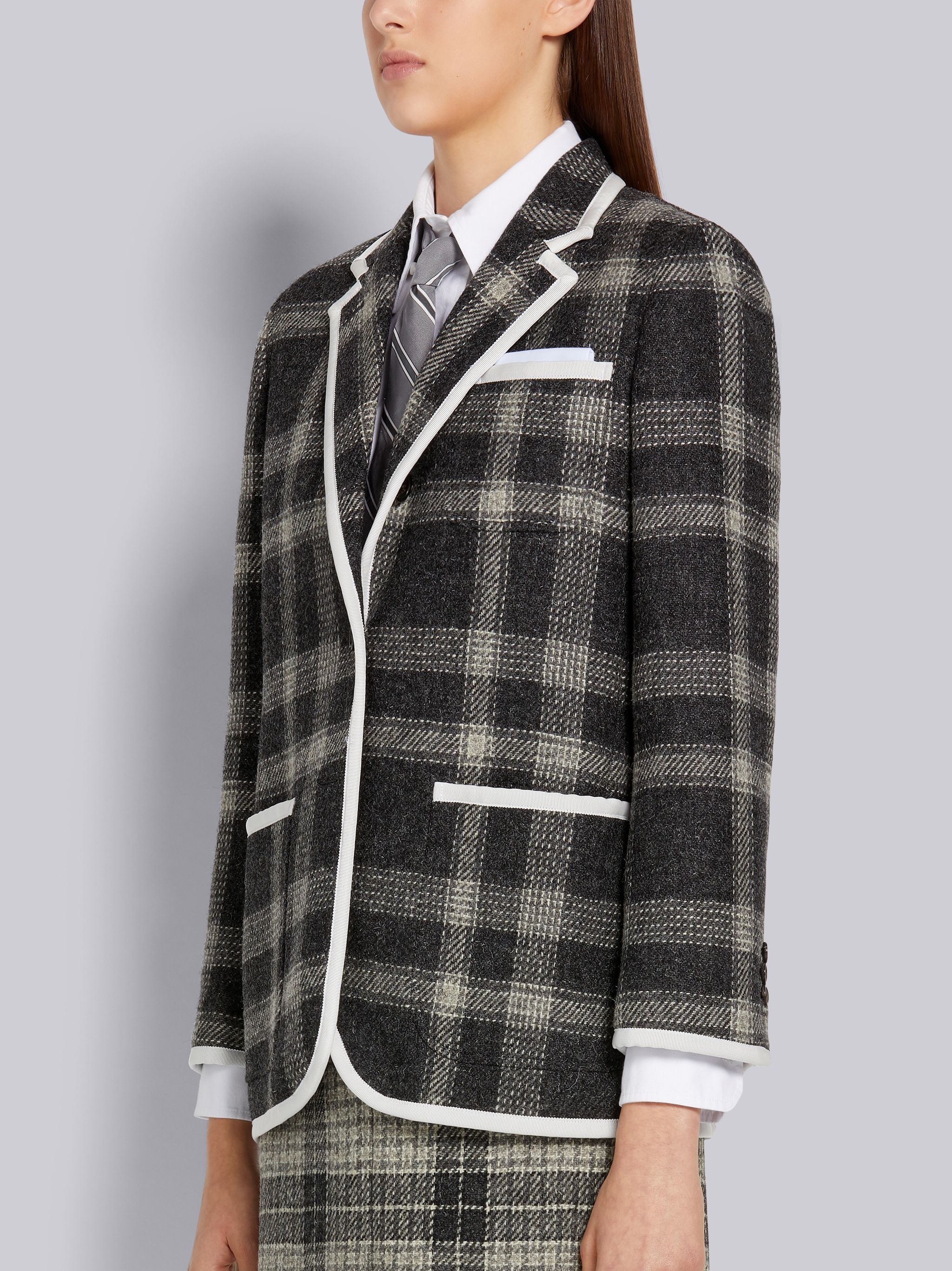 Medium Grey Hairline Madras Check British Wool Grosgrain Tipping Sack Jacket - 2