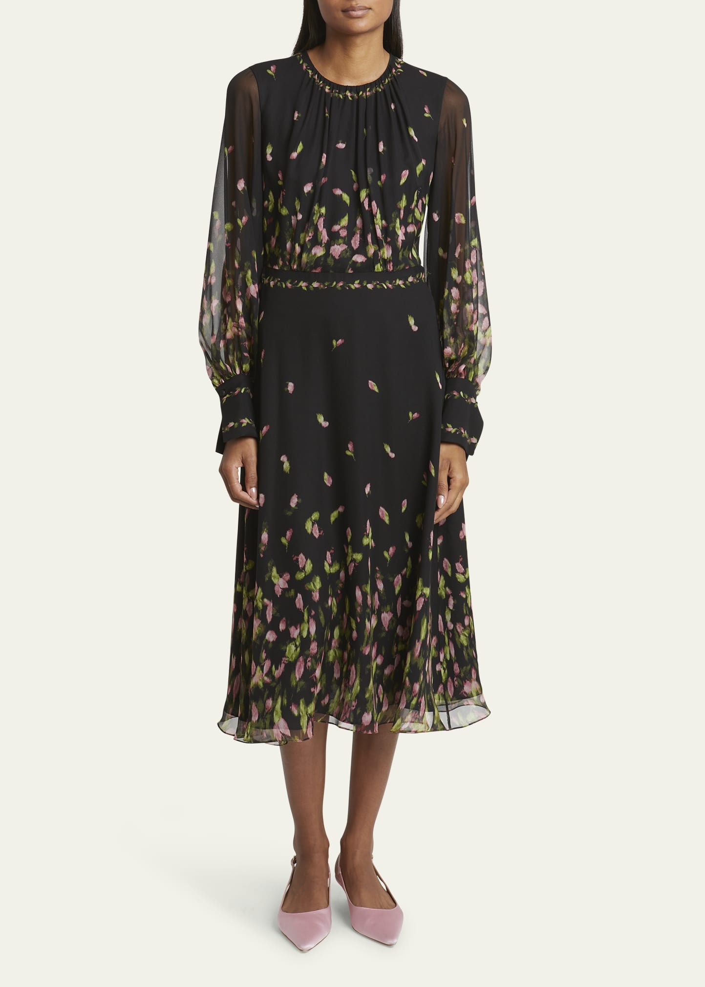 Floral Silk Long-Sleeve Midi Dress - 2