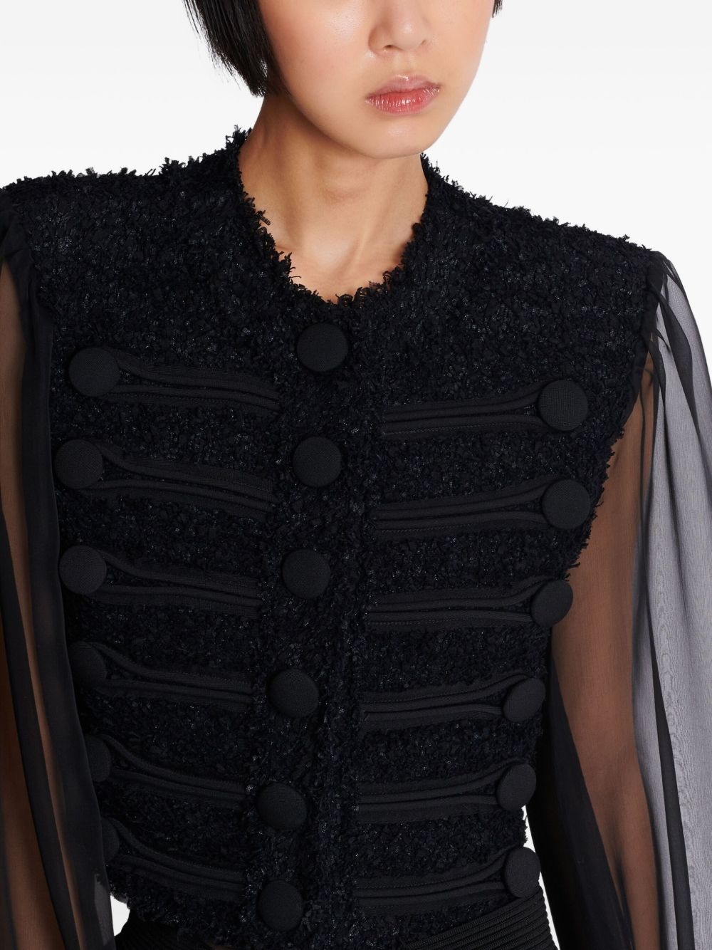 chiffon-sleeve tweed jacket - 7
