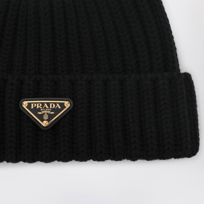 Prada Black Wool Beanie With Logo Triangle Women - 2
