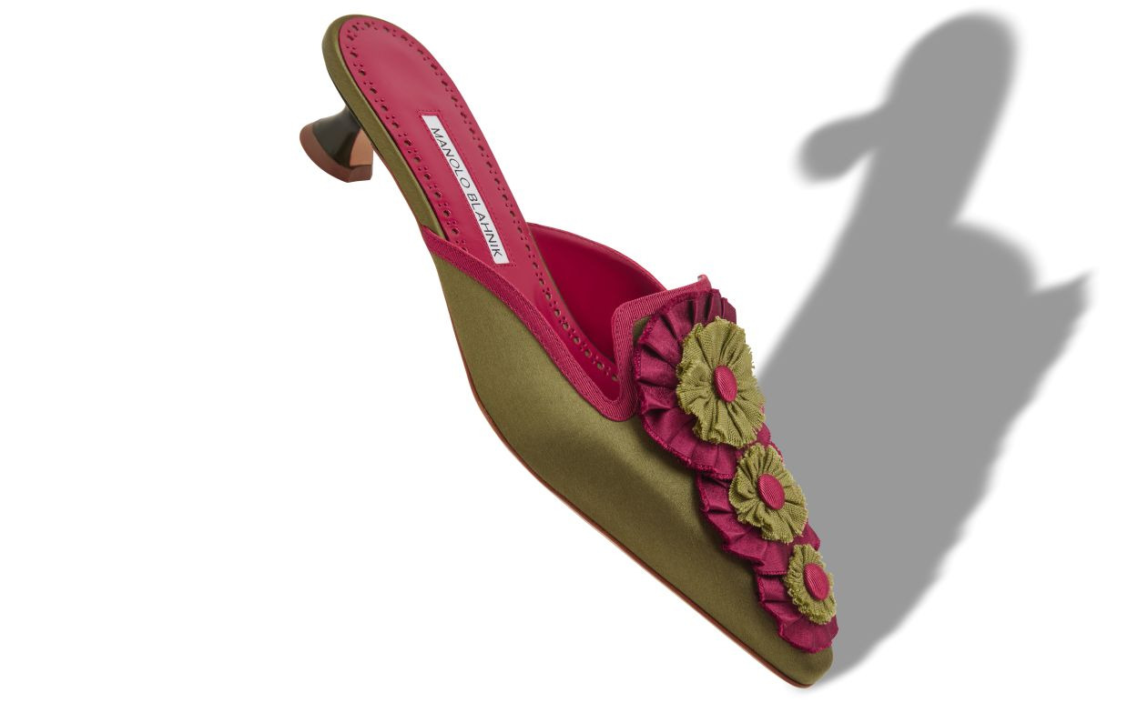 Khaki Silk Rosettes Detail Mules - 2