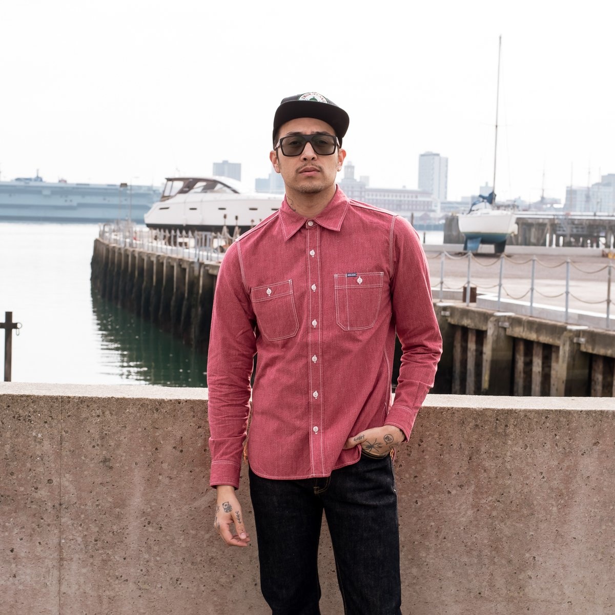 IHSH-290-RED 10oz Mock Twist Selvedge Chambray Work Shirt - Red - 4