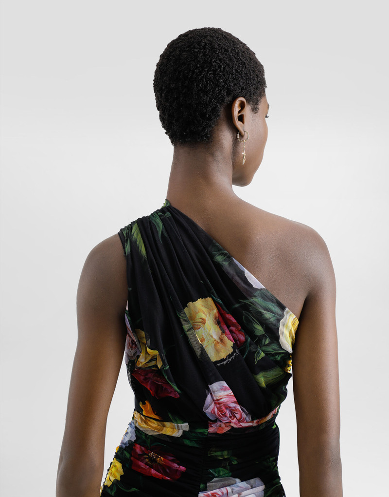 Tulle one-shoulder calf-length dress with peony and rose print 6