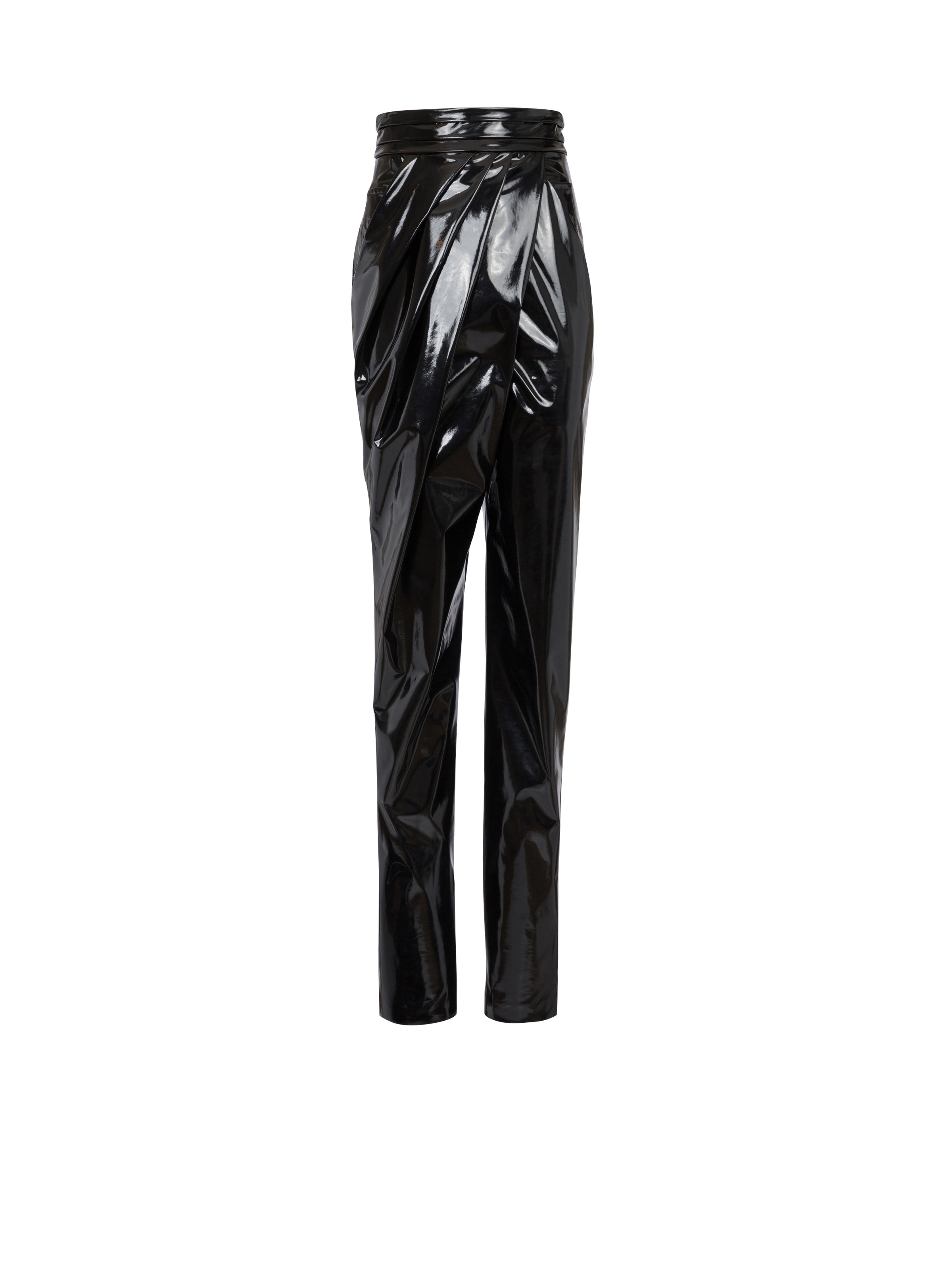 Asymmetric draped vinyl trousers - 1
