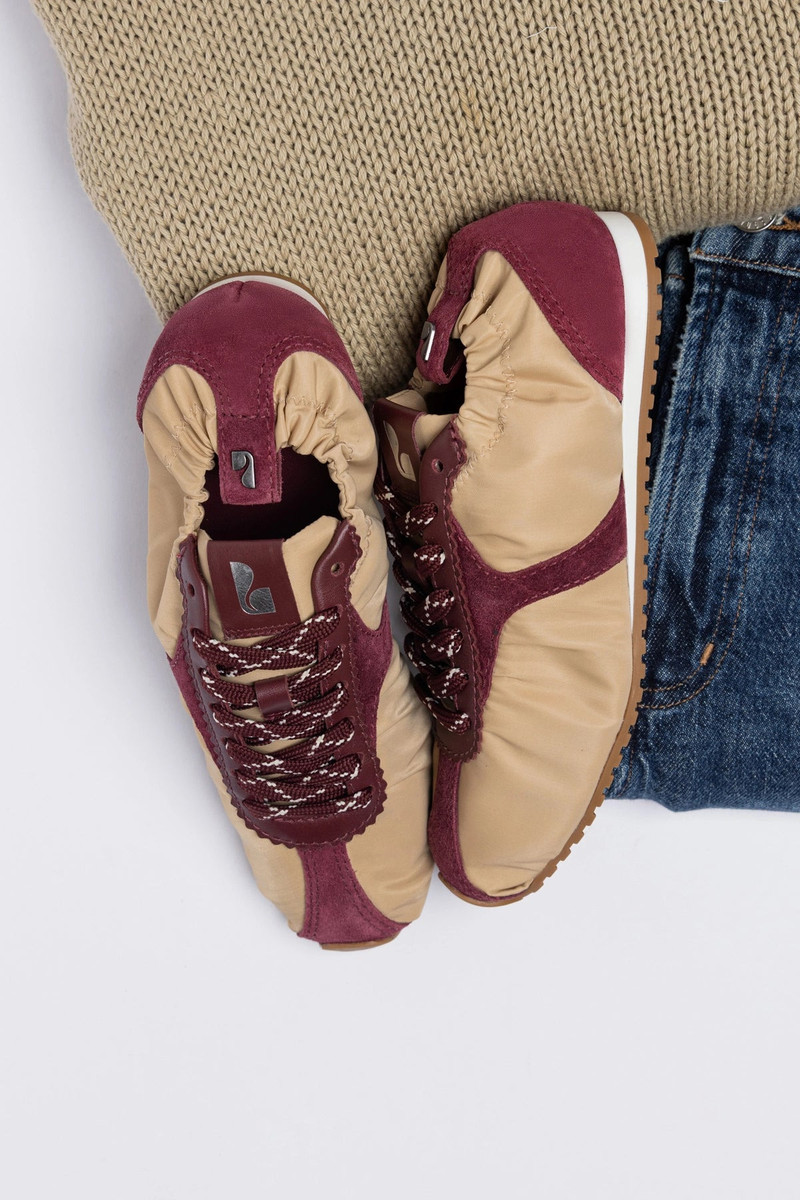 Larroudé Stella Lite Sneaker Peanut Nylon and Burgundy Suede outlook
