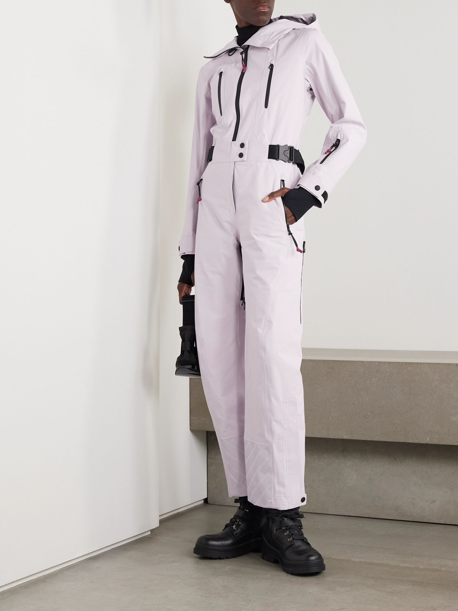 Belted cotton-blend ripstop hooded ski suit Lilac - 2