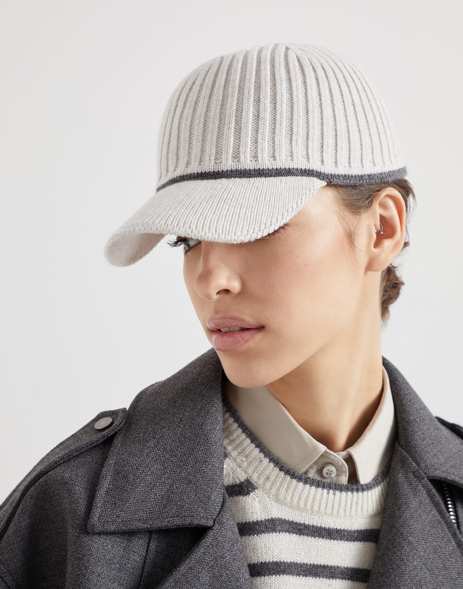 Virgin wool, cashmere and silk rib knit baseball cap with monili - 3