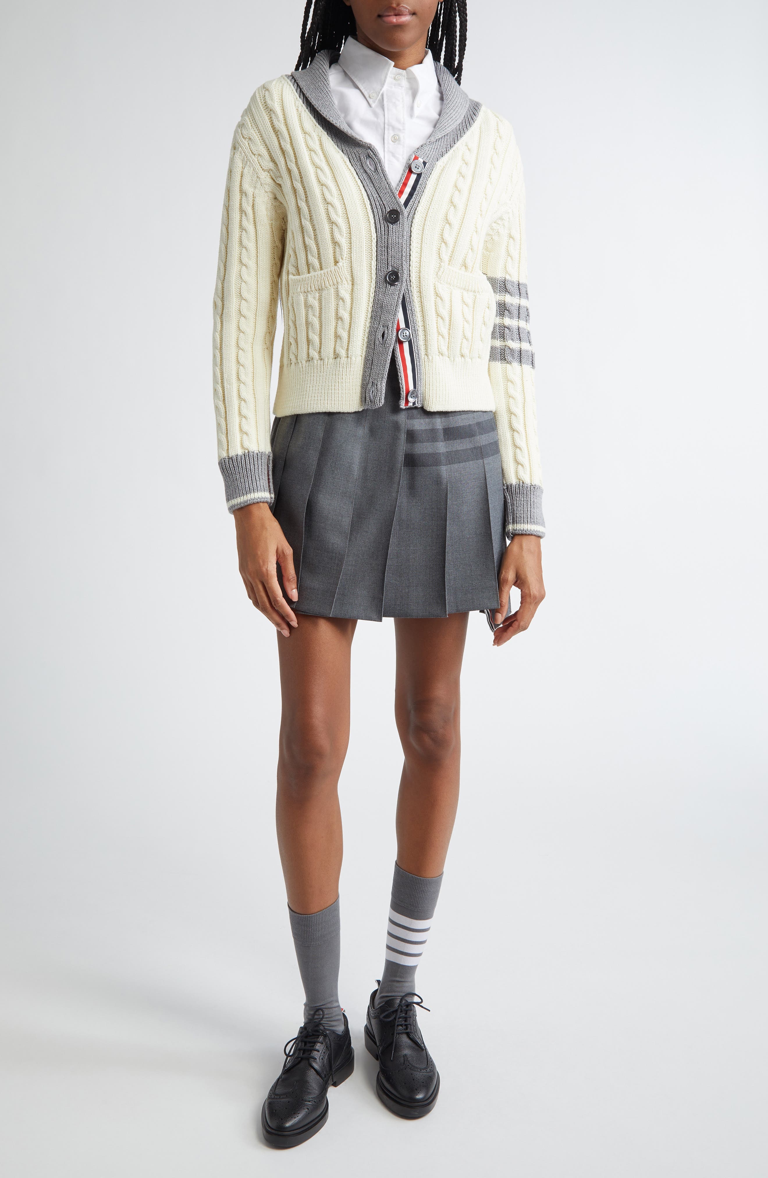 Thom Browne 4-Bar Cable Knit Virgin Wool Shawl Cardigan in White at Nordstrom - 2