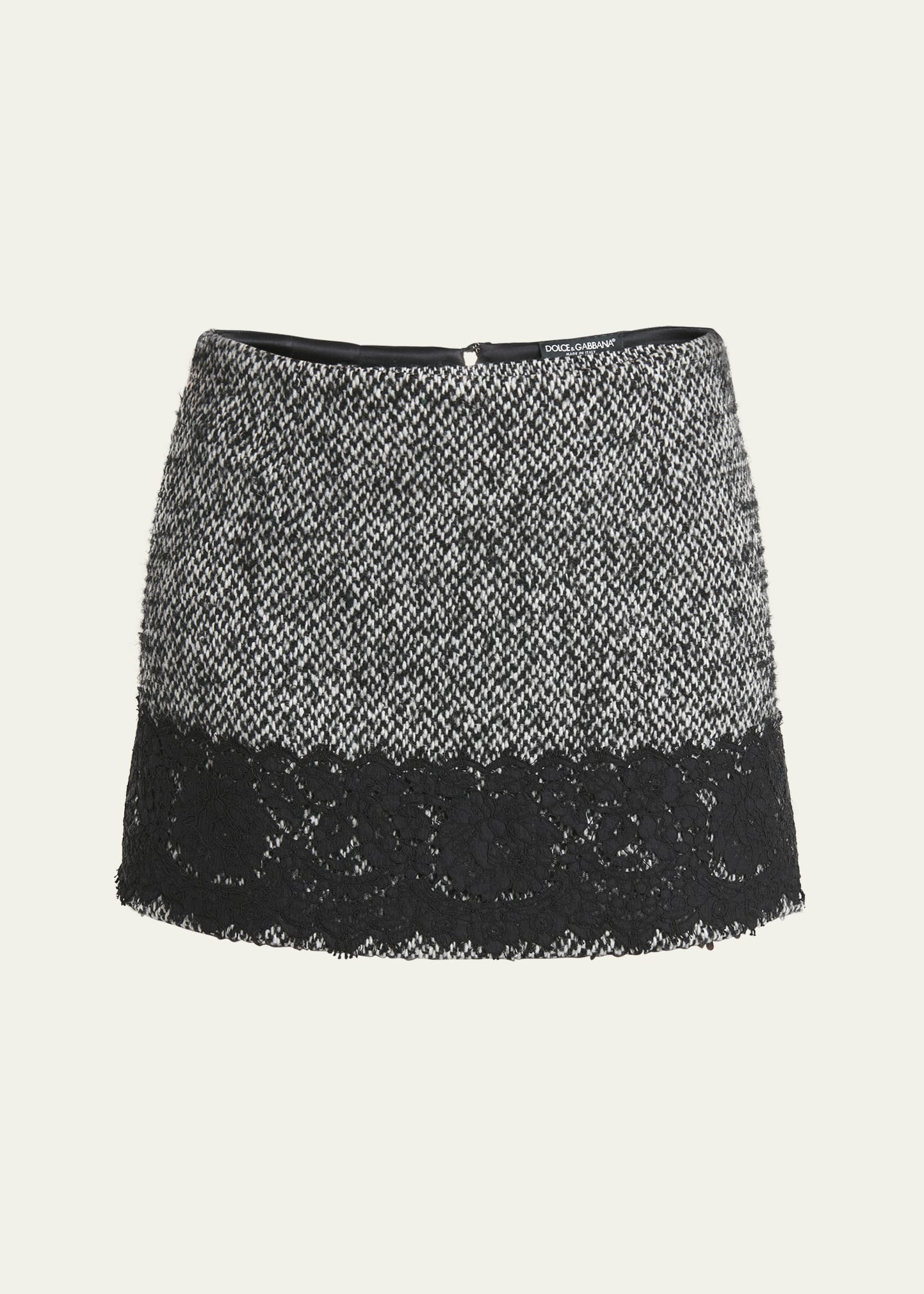 Tweed Wool Mini Skirt with Lace Trim - 1