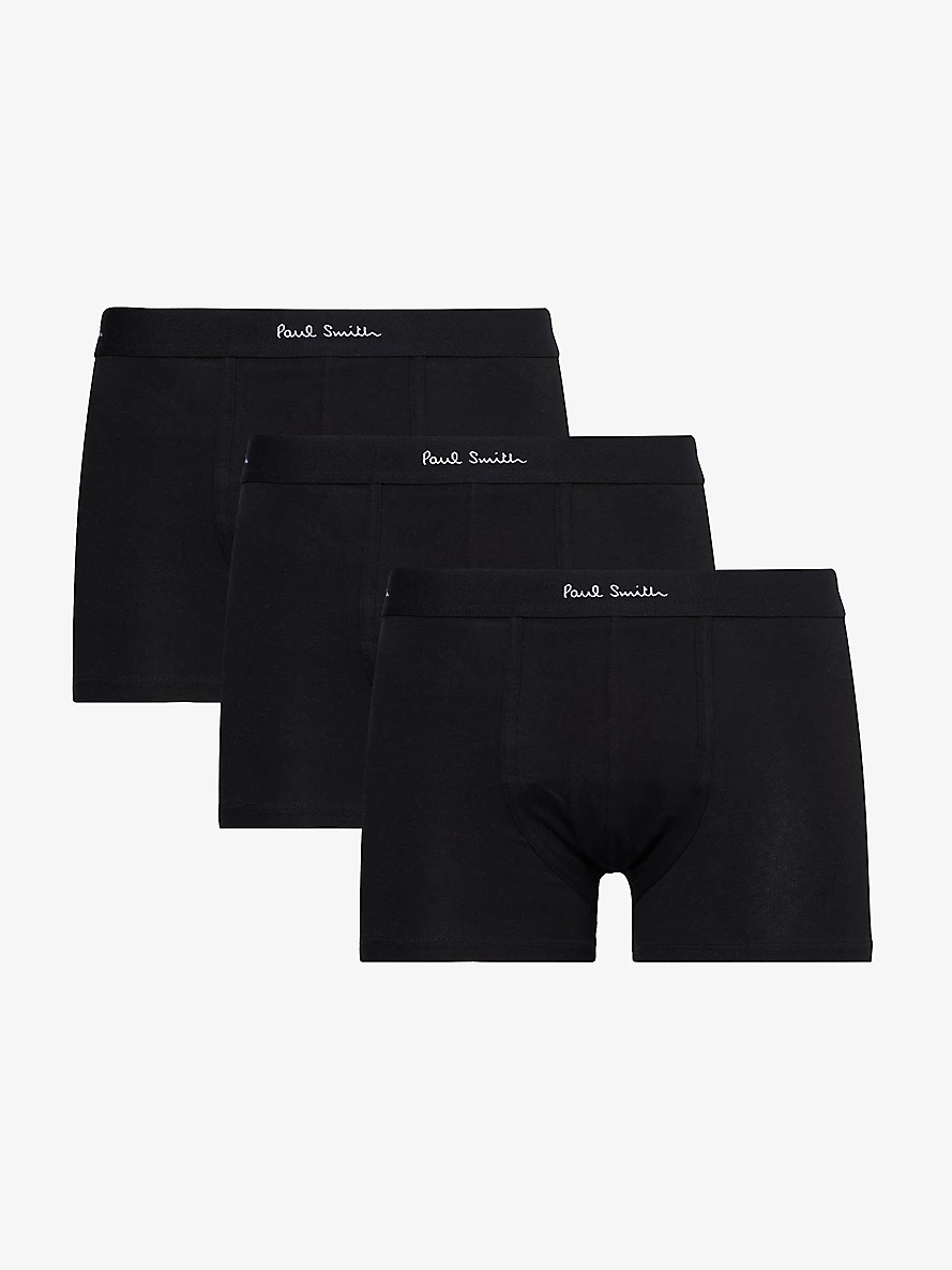 Branded-waistband pack of three stretch organic-cotton trunks - 1