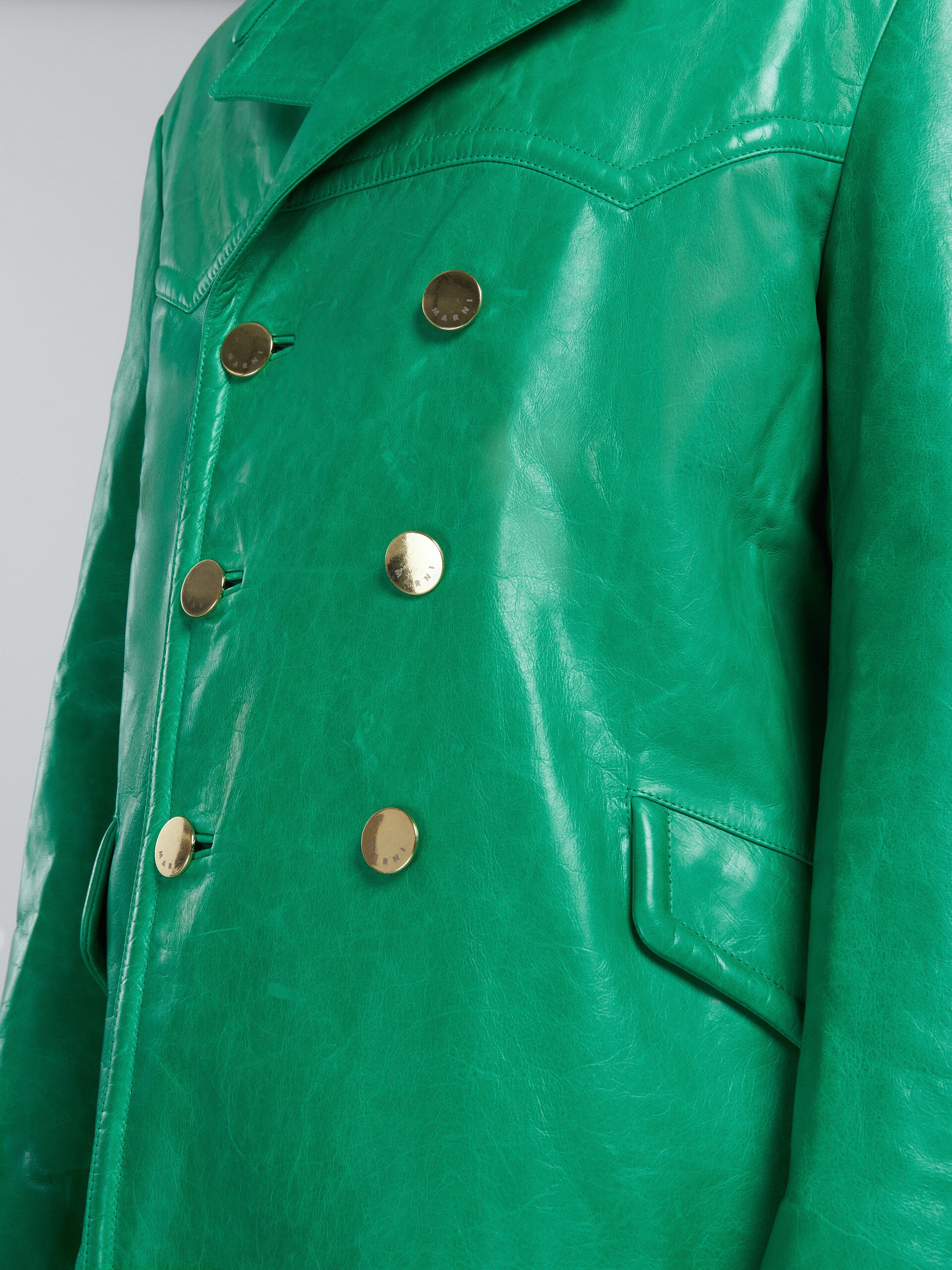 DOUBLE-BREASTED JACKET IN SHINY GREEN LEATHER - 5