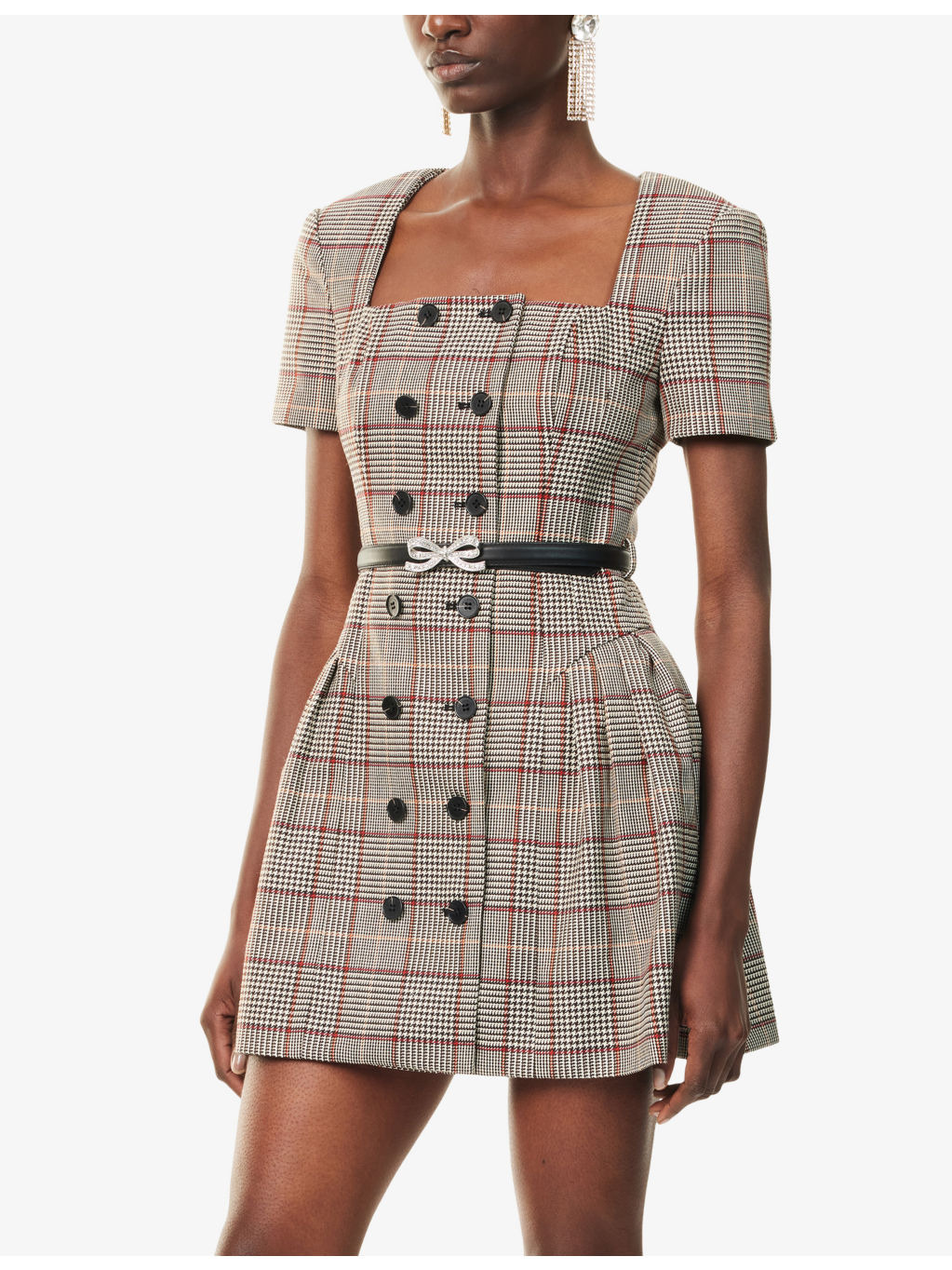 Check-Print Square-Neck Wool-Blend Mini Dress - 3
