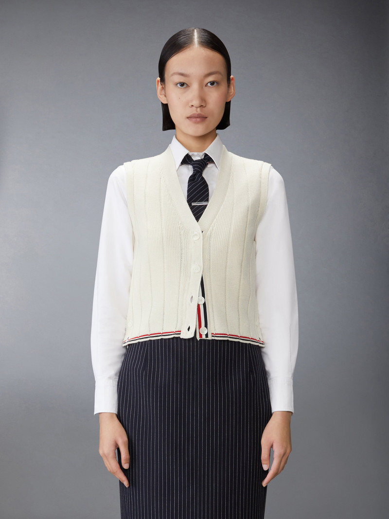 Thom Browne MERINO WOOL CROPPED V NECK CARDIGAN VEST outlook