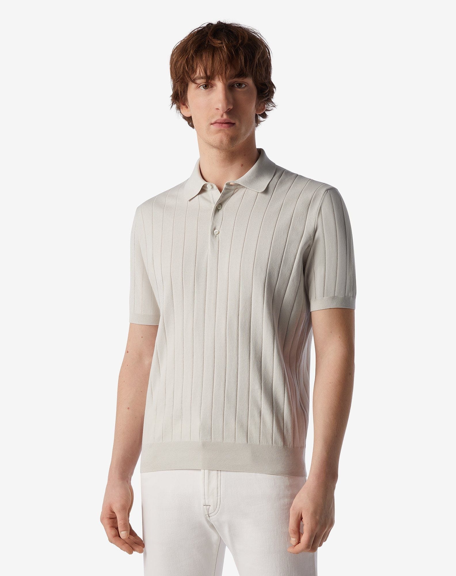 Pearl white button-up Pima cotton polo shirt - 1