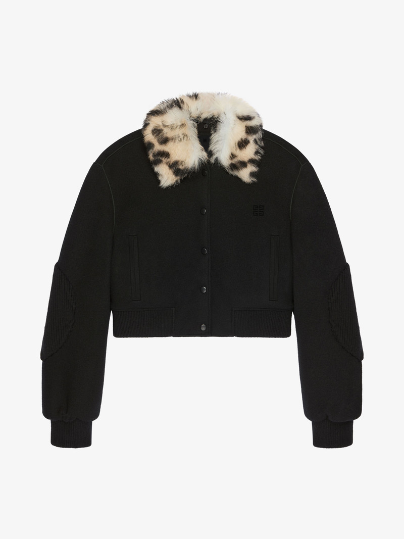 CROPPED VARSITY JACKET IN WOOL AND LEOPARD PRINT FUR 1
