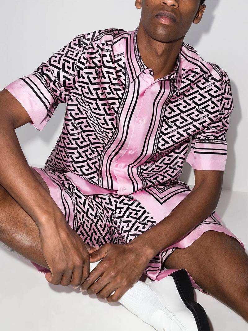 VERSACE La Greca-print silk shirt outlook