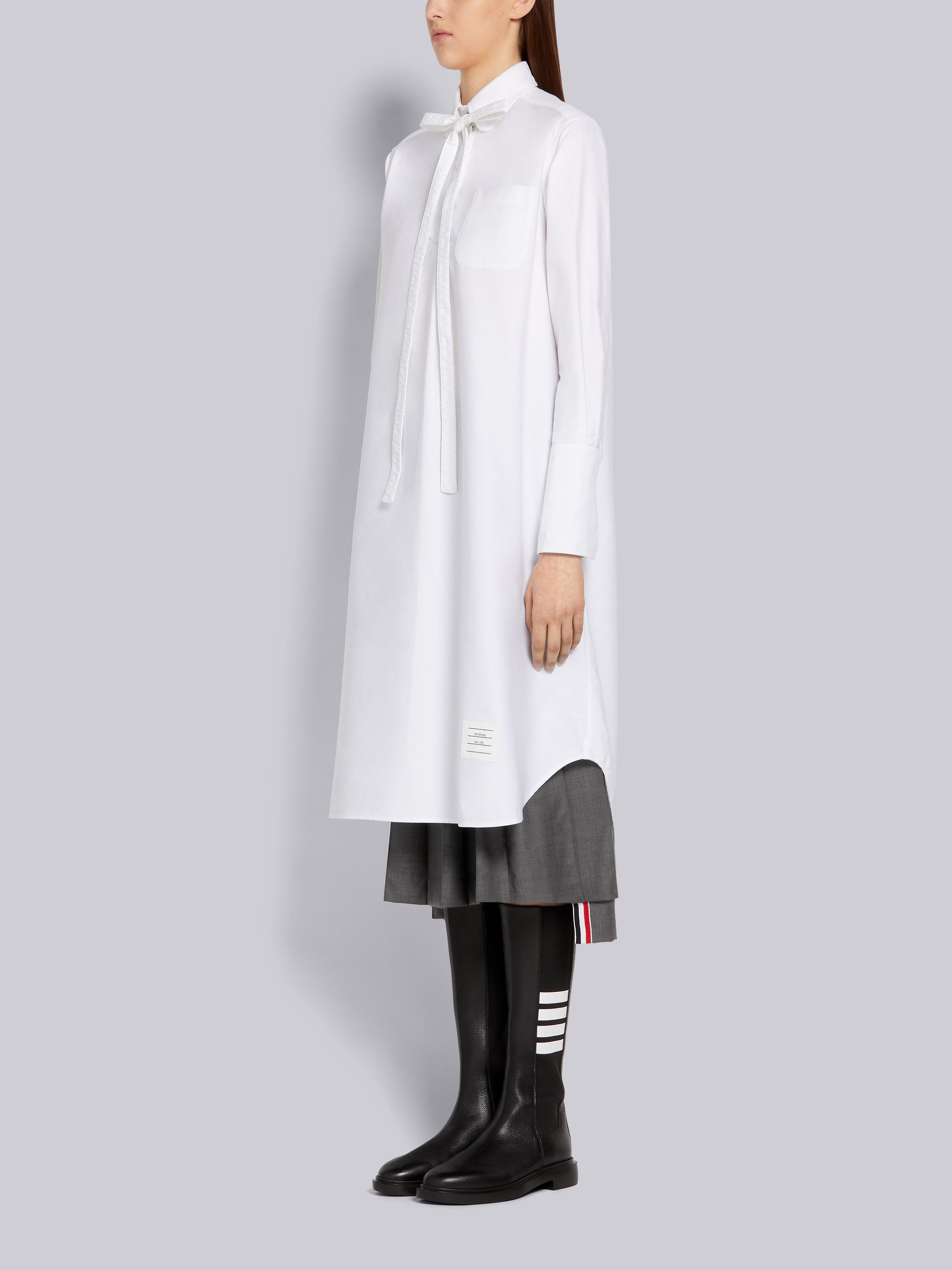 White Oxford Bow Tie Blouson Knee Length Shirtdress - 2