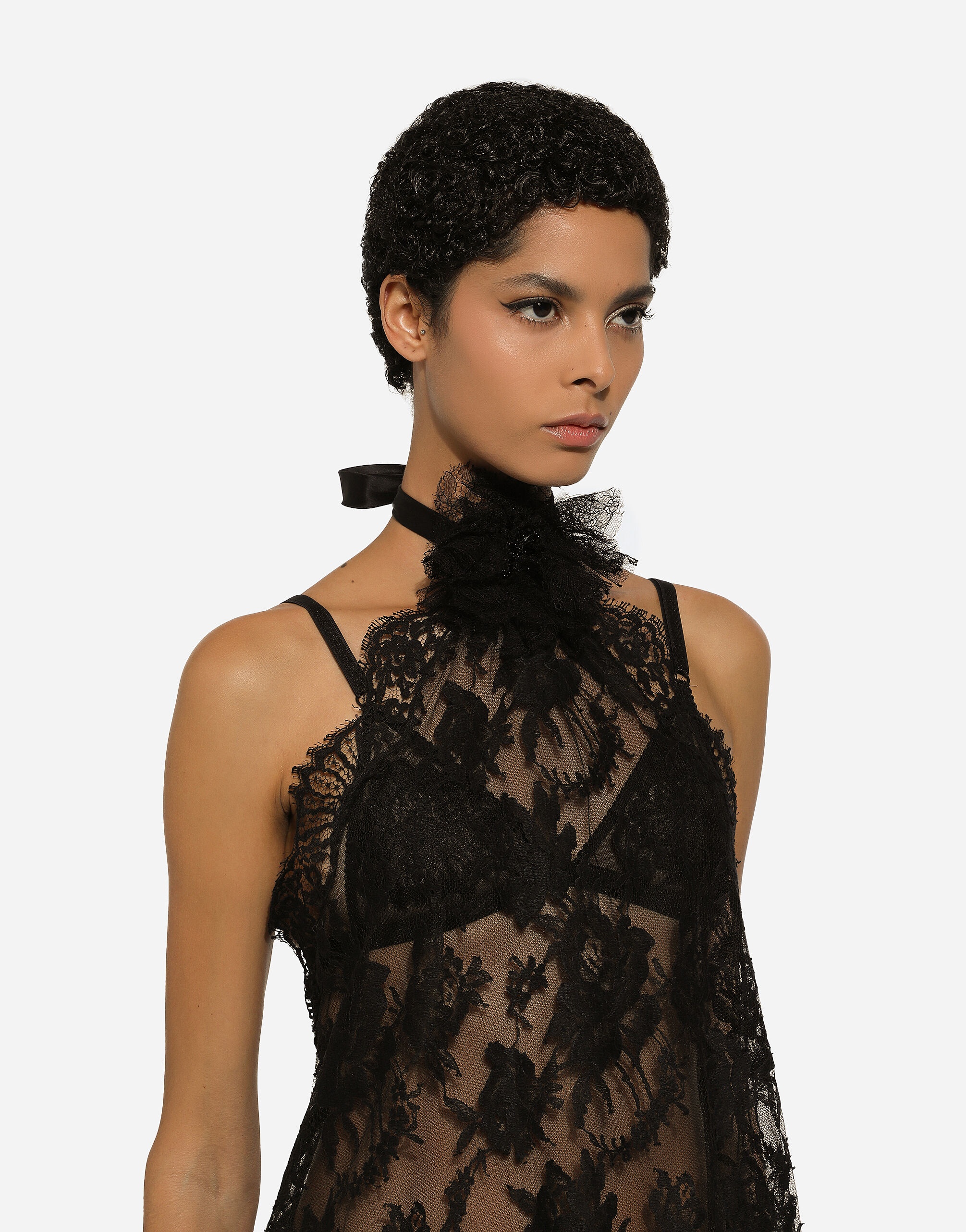 Asymmetrical lace top with flower detail on neck - 6