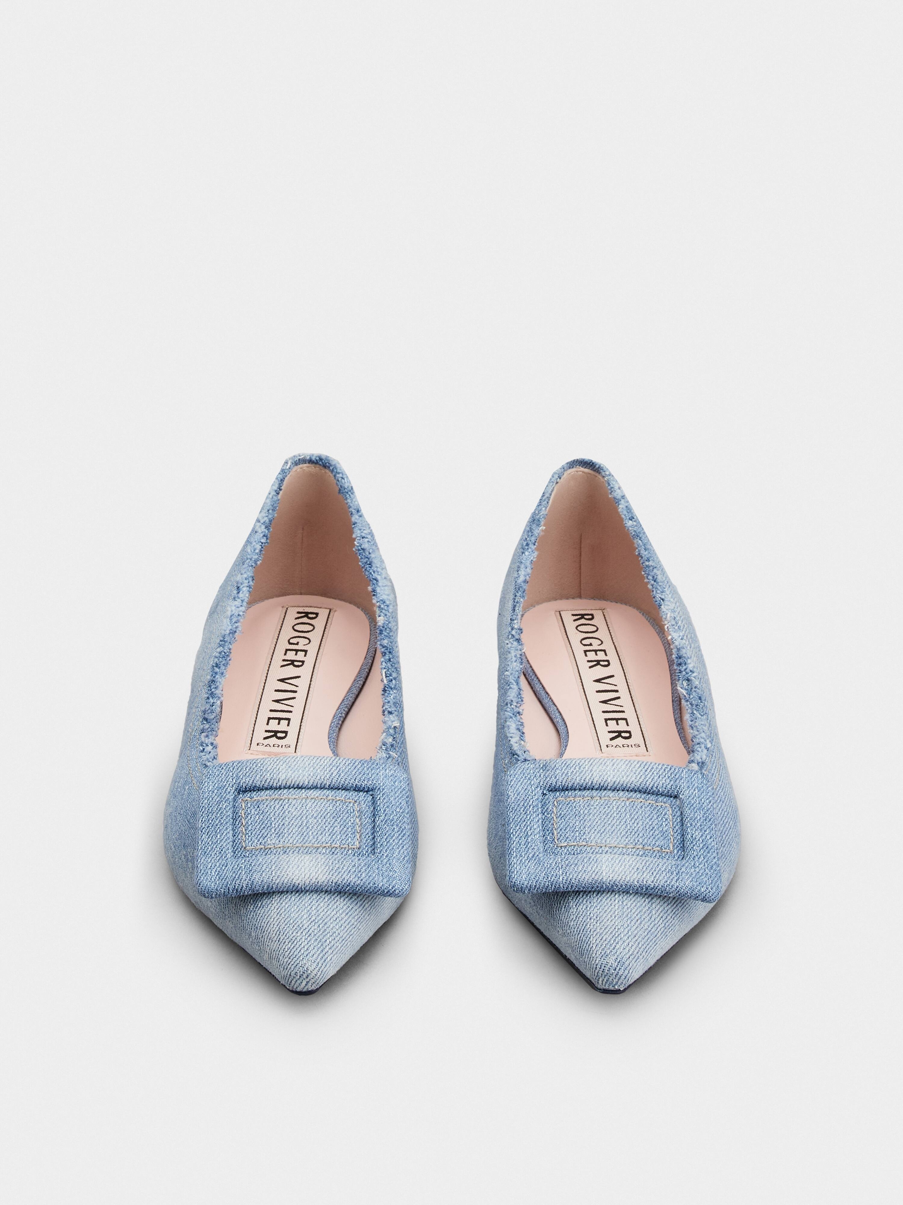 Gommettine Fringed Covered Buckle Ballerinas in Denim - 7