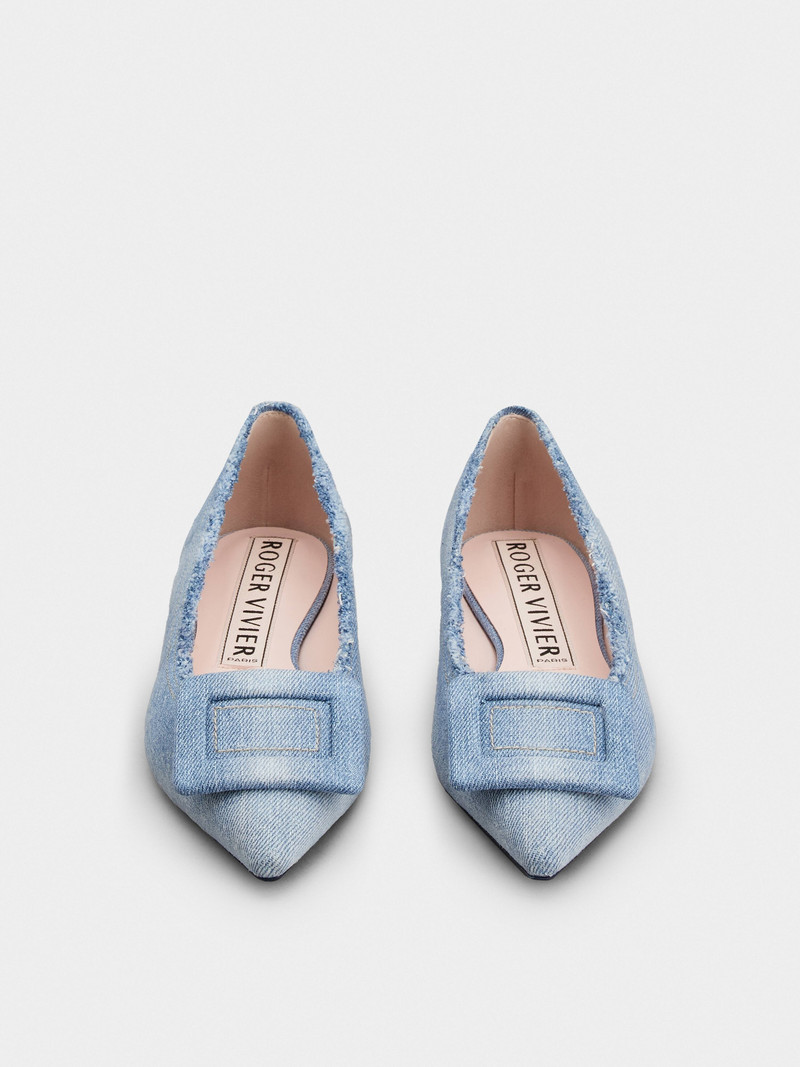 Gommettine Fringed Covered Buckle Ballerinas in Denim 7