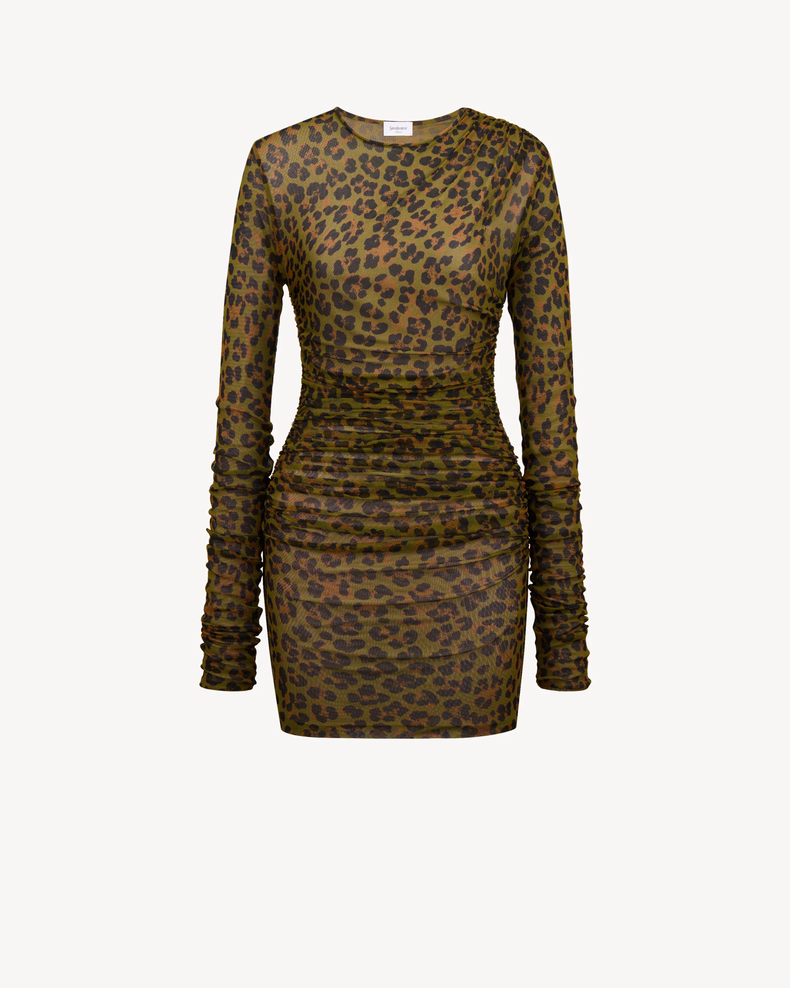 RUCHED MINI DRESS IN LEOPARD TULLE JERSEY - 1