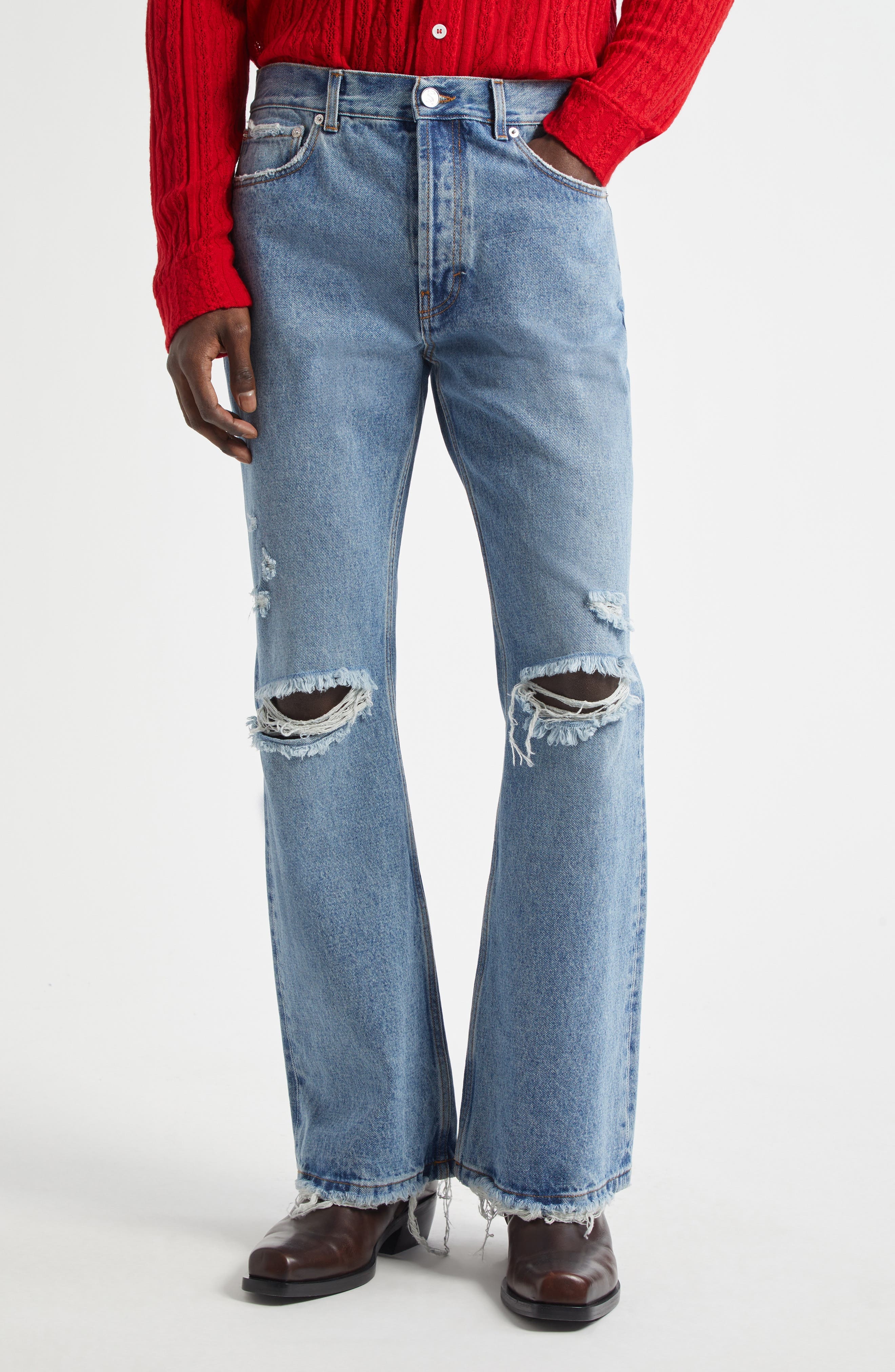 Séfr Rider Ripped Bootcut Jeans in Trashed Mid Blue at Nordstrom - 1