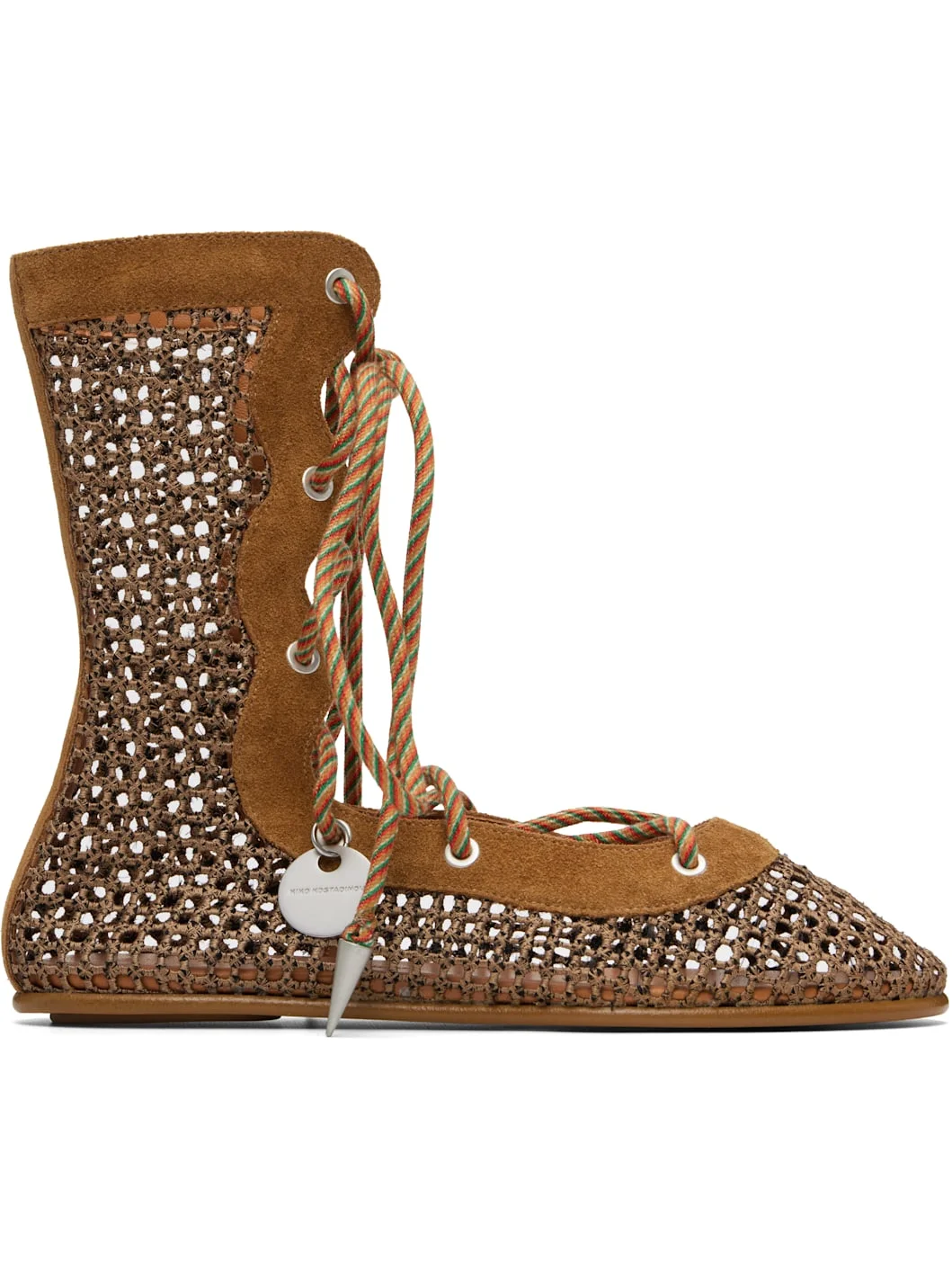Brown Reticella Lace Up Ballerina Flats - 1