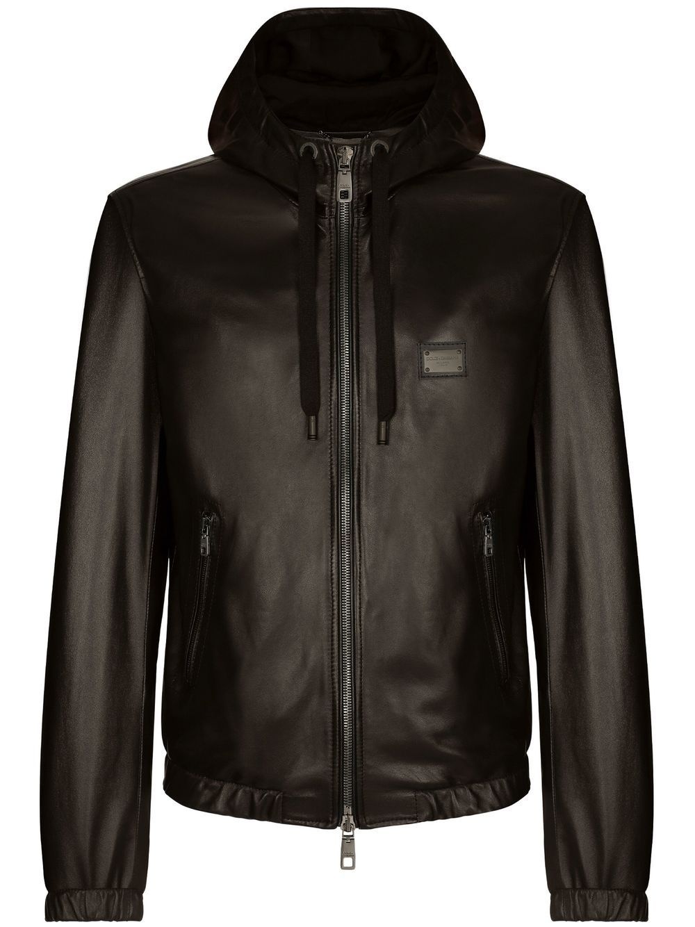 logo-tag hooded leather jacket - 1