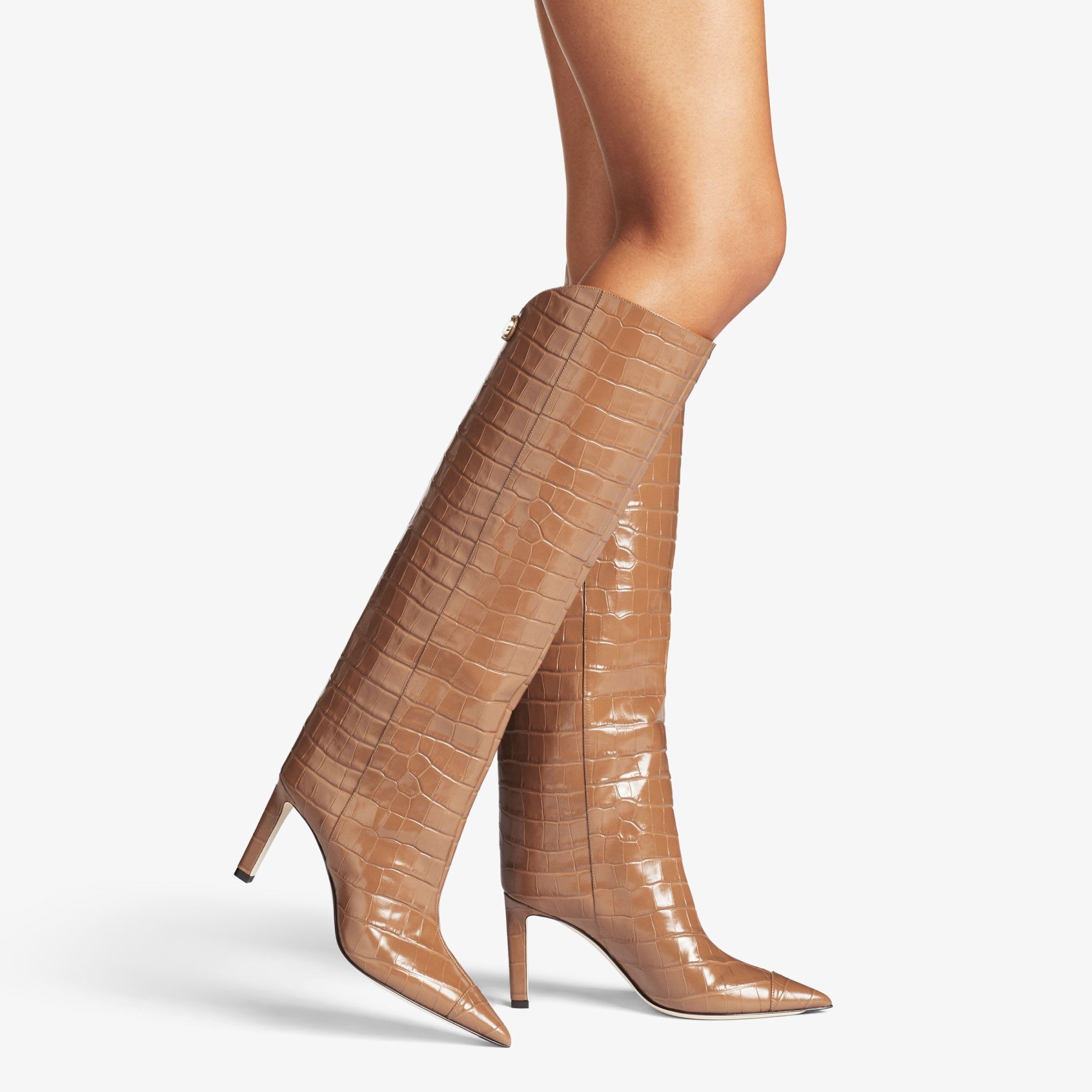 Alizze Knee Boot 85, Tan Croc-Embossed Leather Knee-High Boots